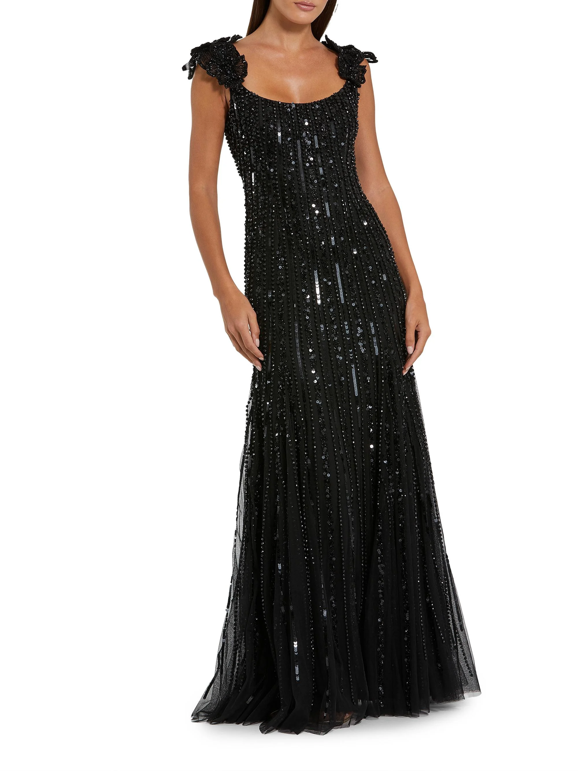 Women's Evening Beaded Floral Mesh Gown - Black - 1