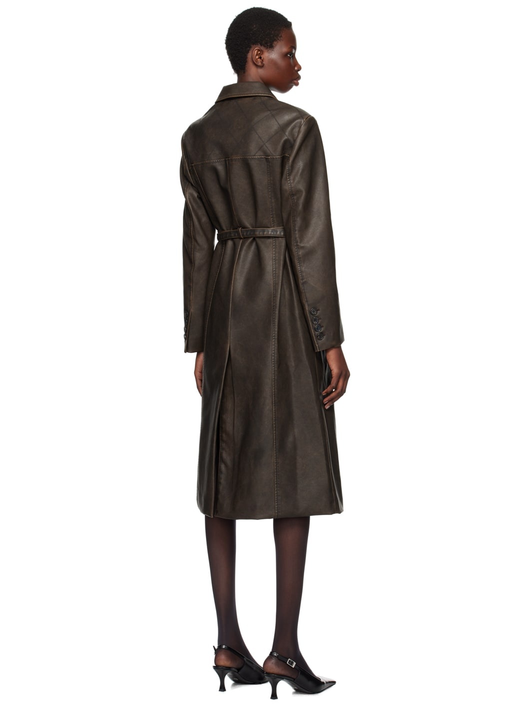 Brown Stitched Faux-Leather Coat - 3
