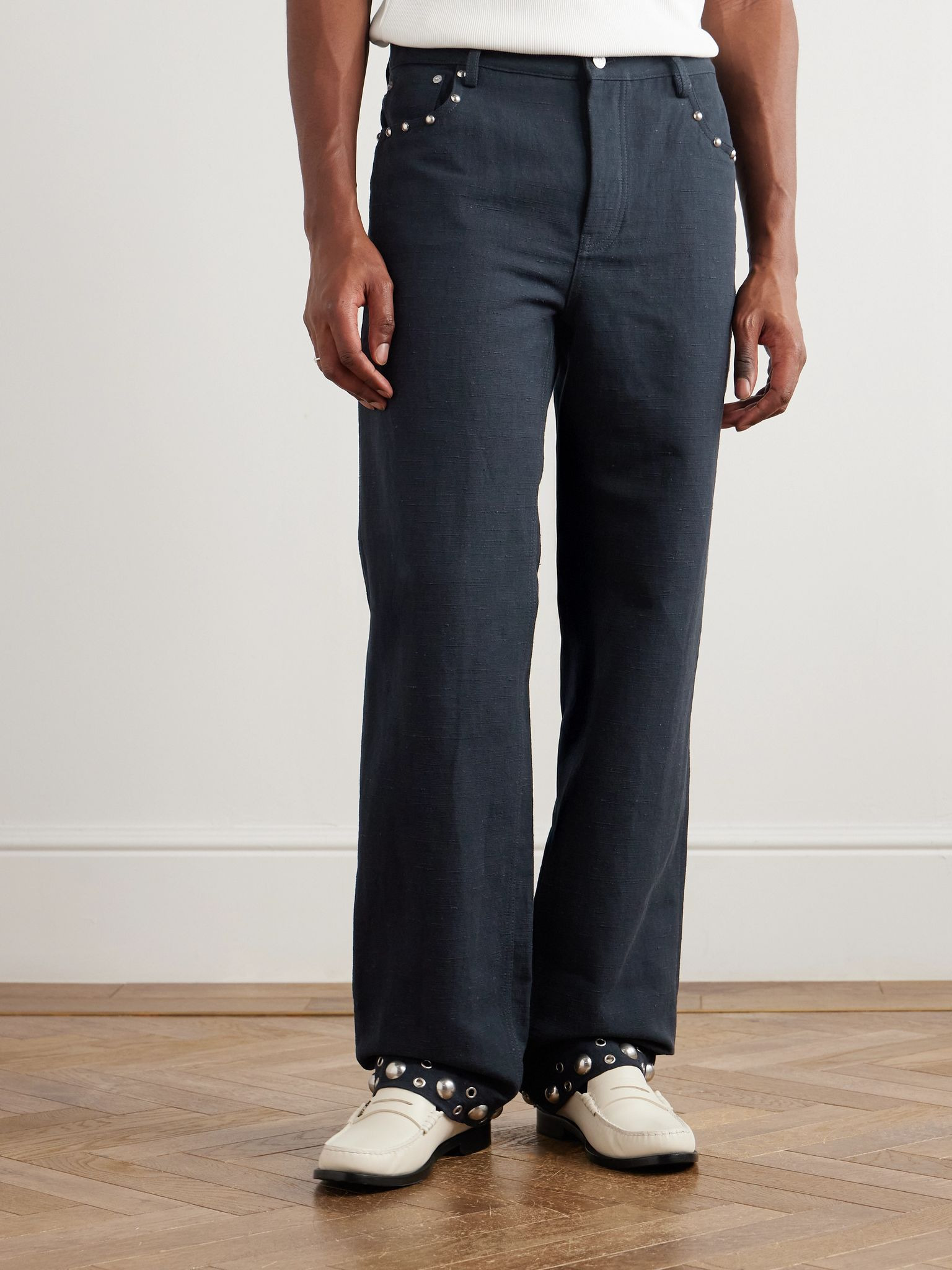 Straight-Leg Embellished Linen and Cotton-Blend Trousers Navy - 3