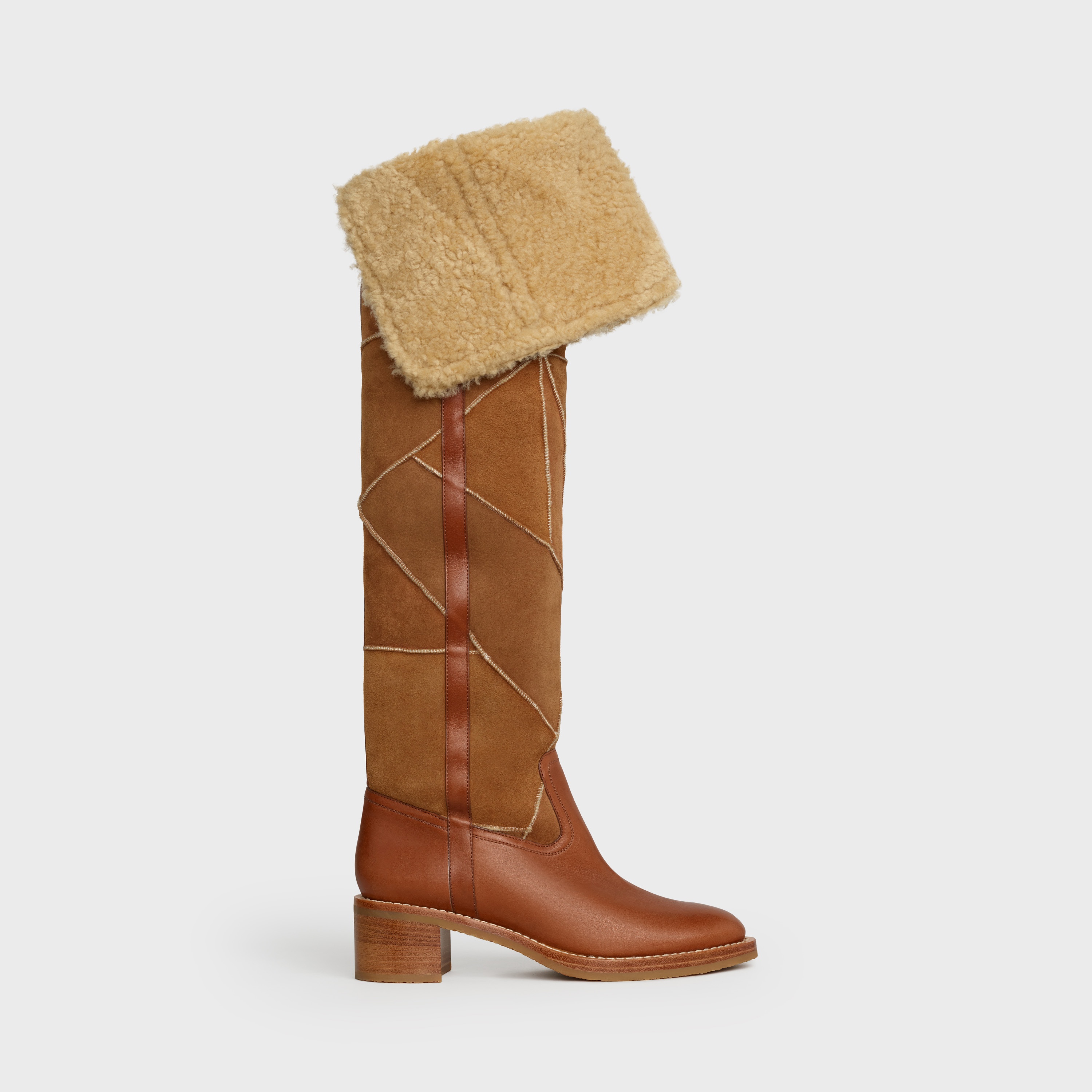 Celine Folco Over-The-Knee Boot in Lamb shearling Patchwork and Calfskin - 1