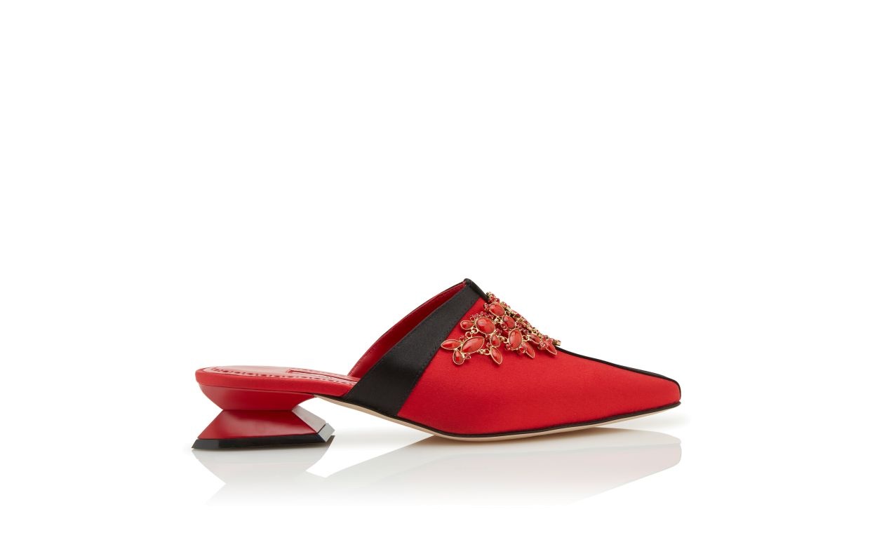 Red Satin Jewel Embellished Mules - 1