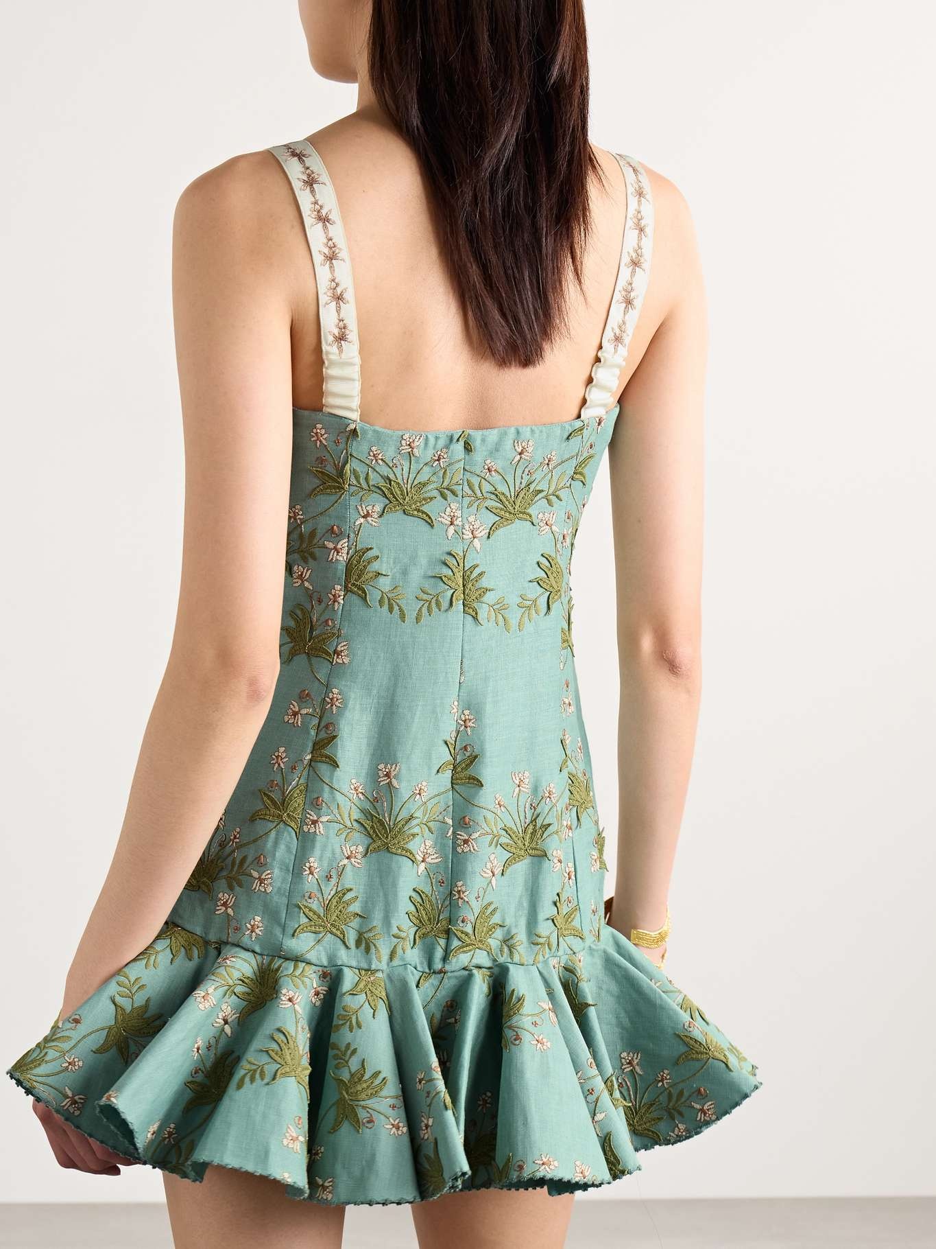 Tumbao Orquidea ruffled appliquéd embroidered linen mini dress Green - 3