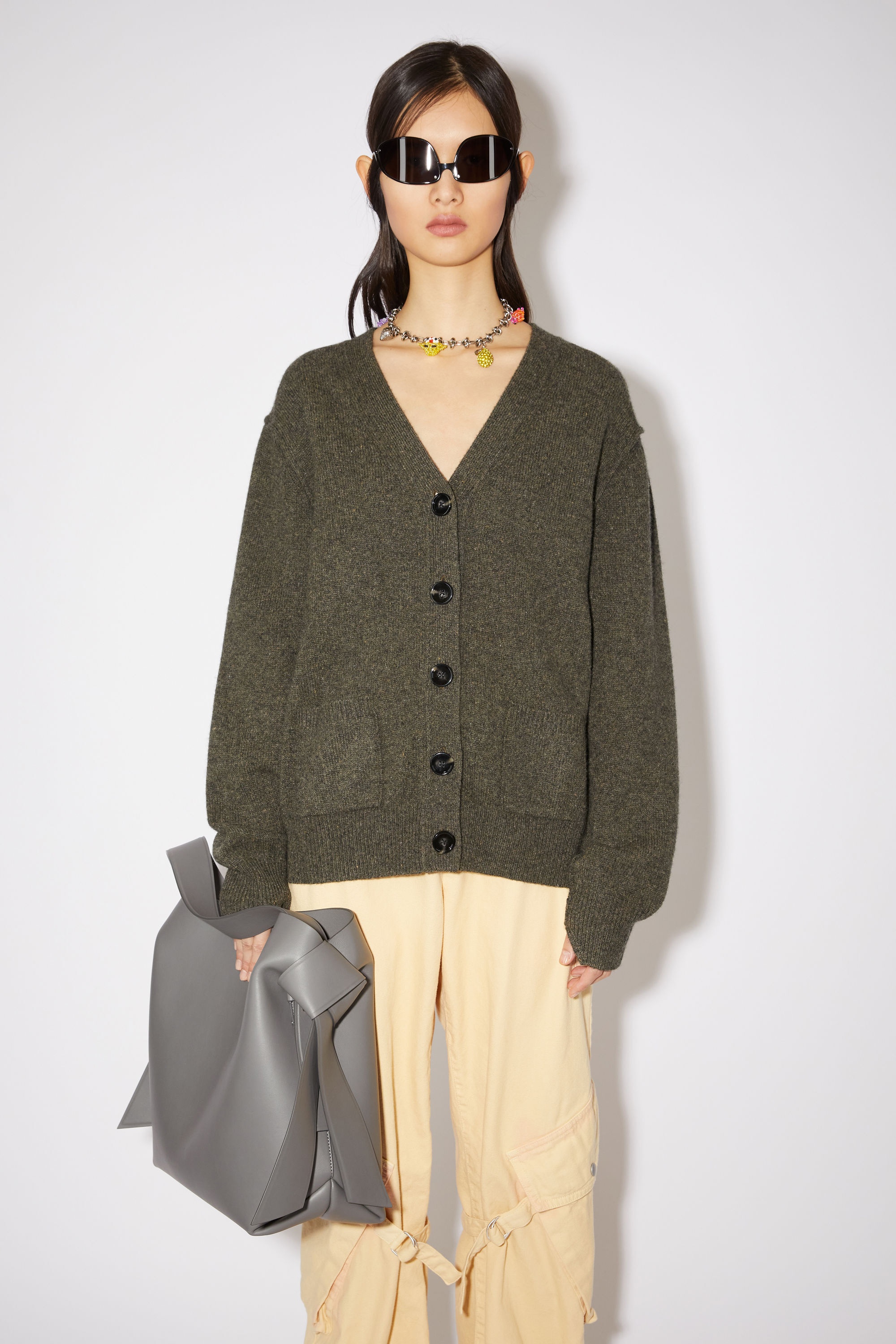 Wool-blend cardigan - Dark khaki melange - 2