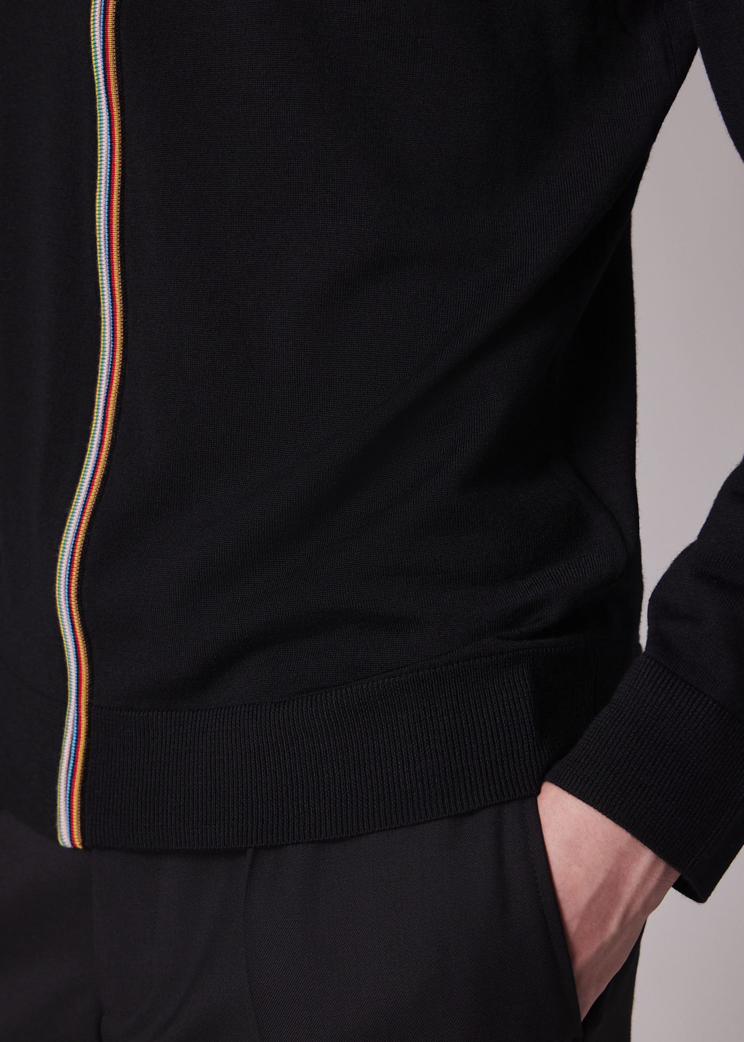 Black Washable Merino Wool 'Signature Stripe' Zip Cardigan - 4