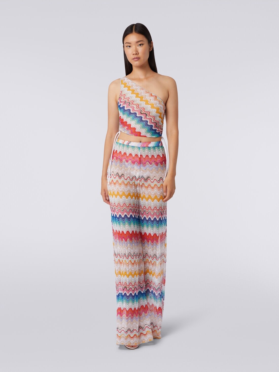 Wave motif one-shoulder top with lurex - 2