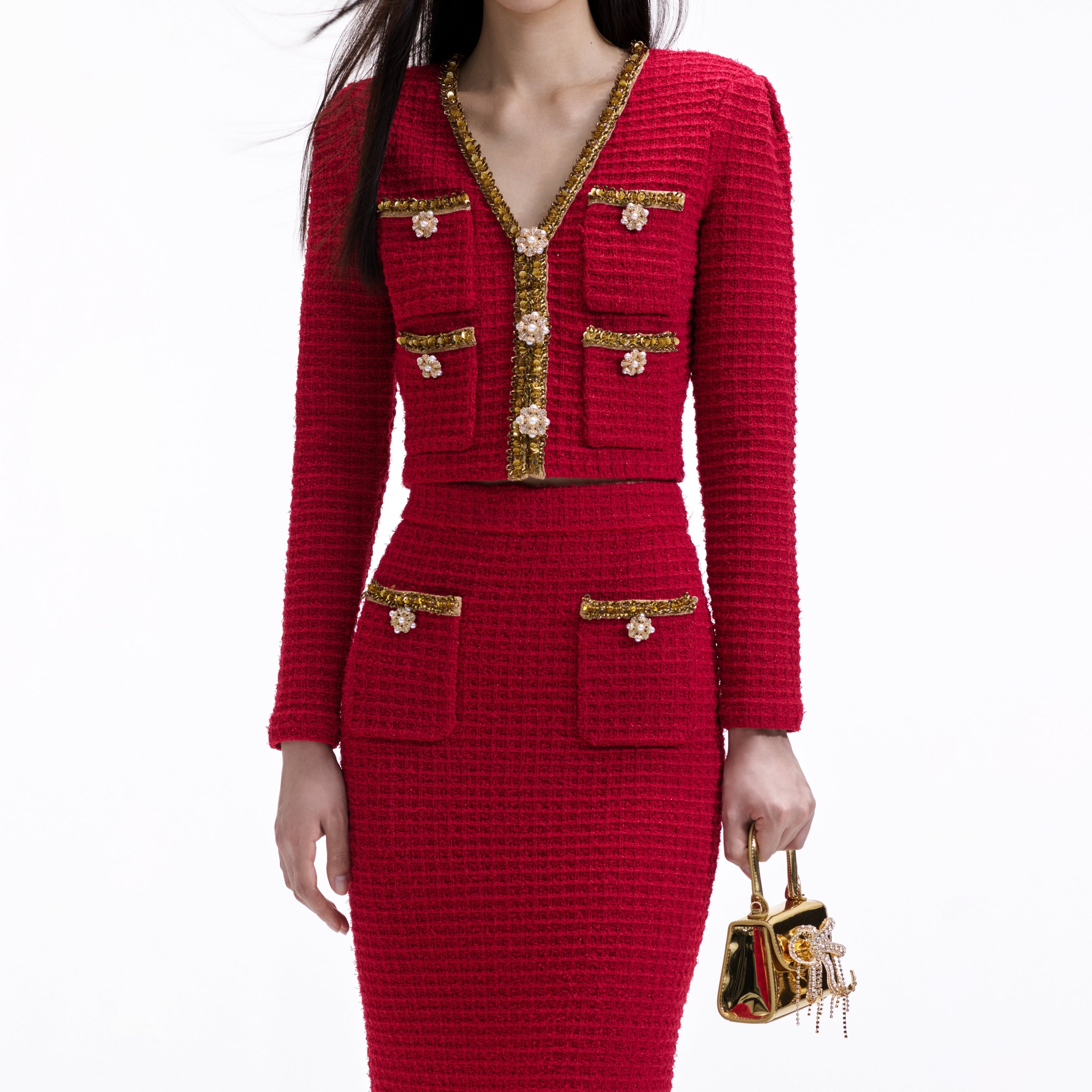 Red Knit V Neck Cardigan - 4