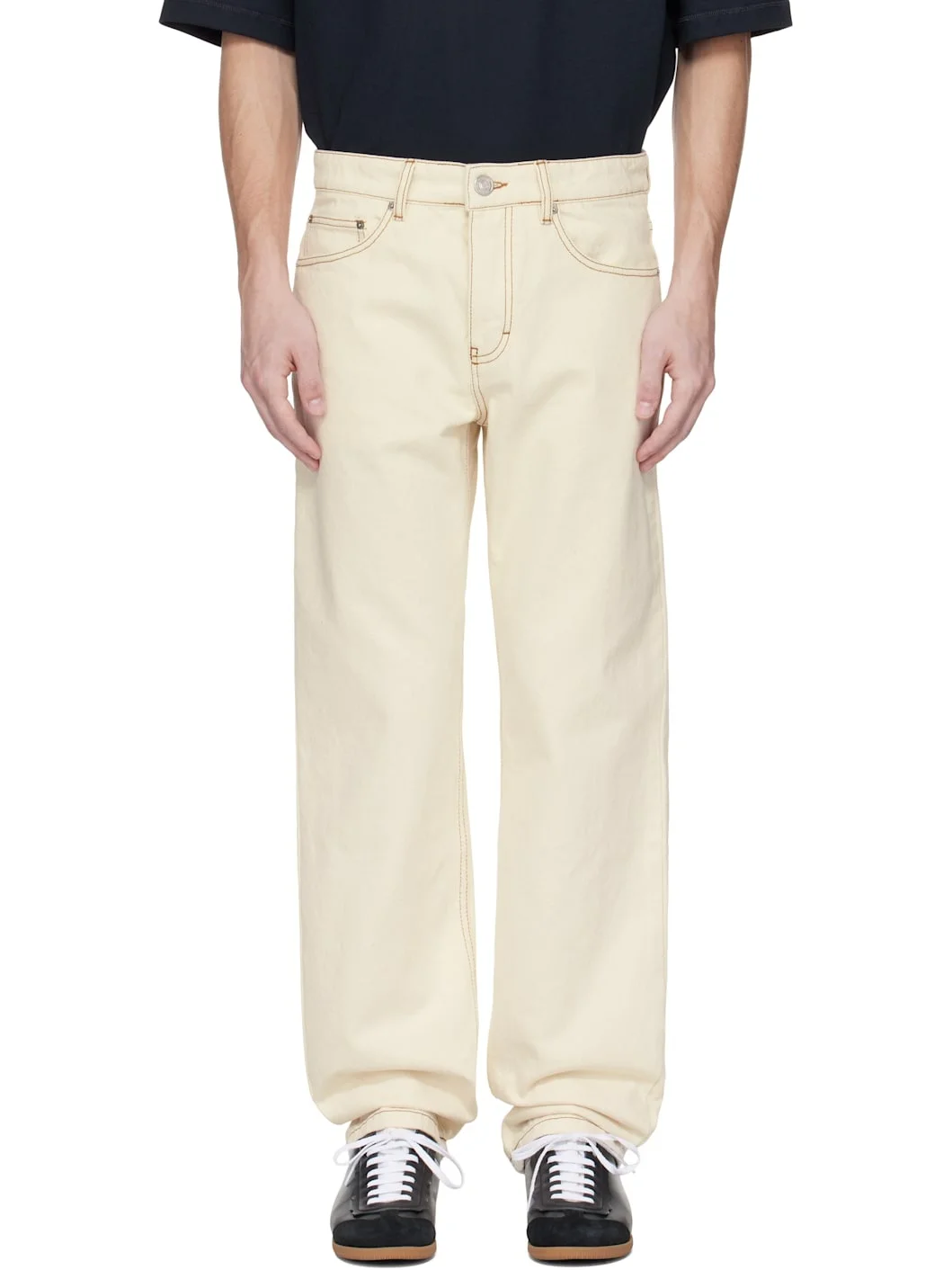 Beige Cotton Classic Fit Jeans - 1