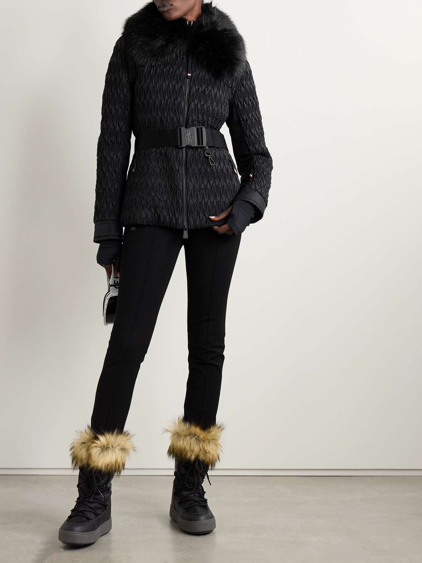 Belted shearling-trimmed down jacket