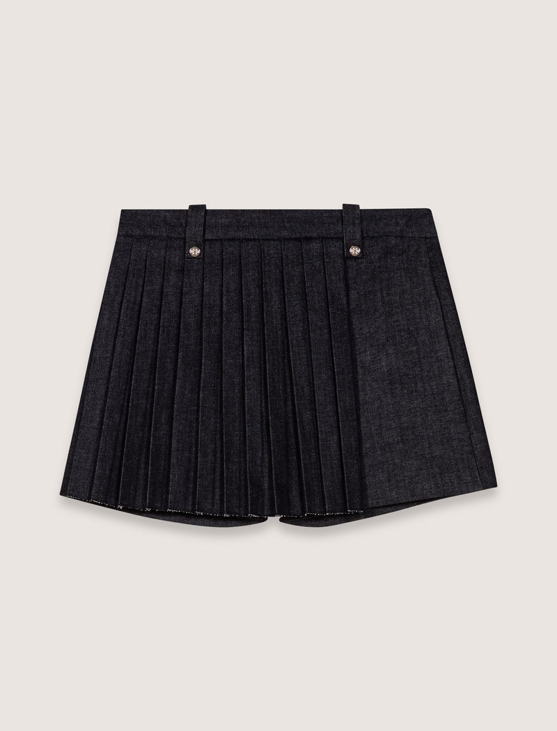 Layered-effect pleated denim shorts 1