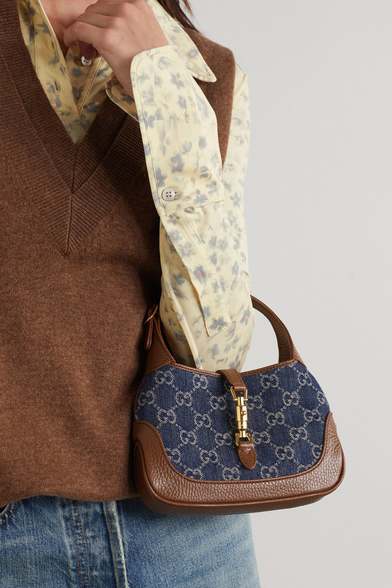 GUCCI Jackie 1961 mini leather-trimmed organic denim-jacquard shoulder bag outlook