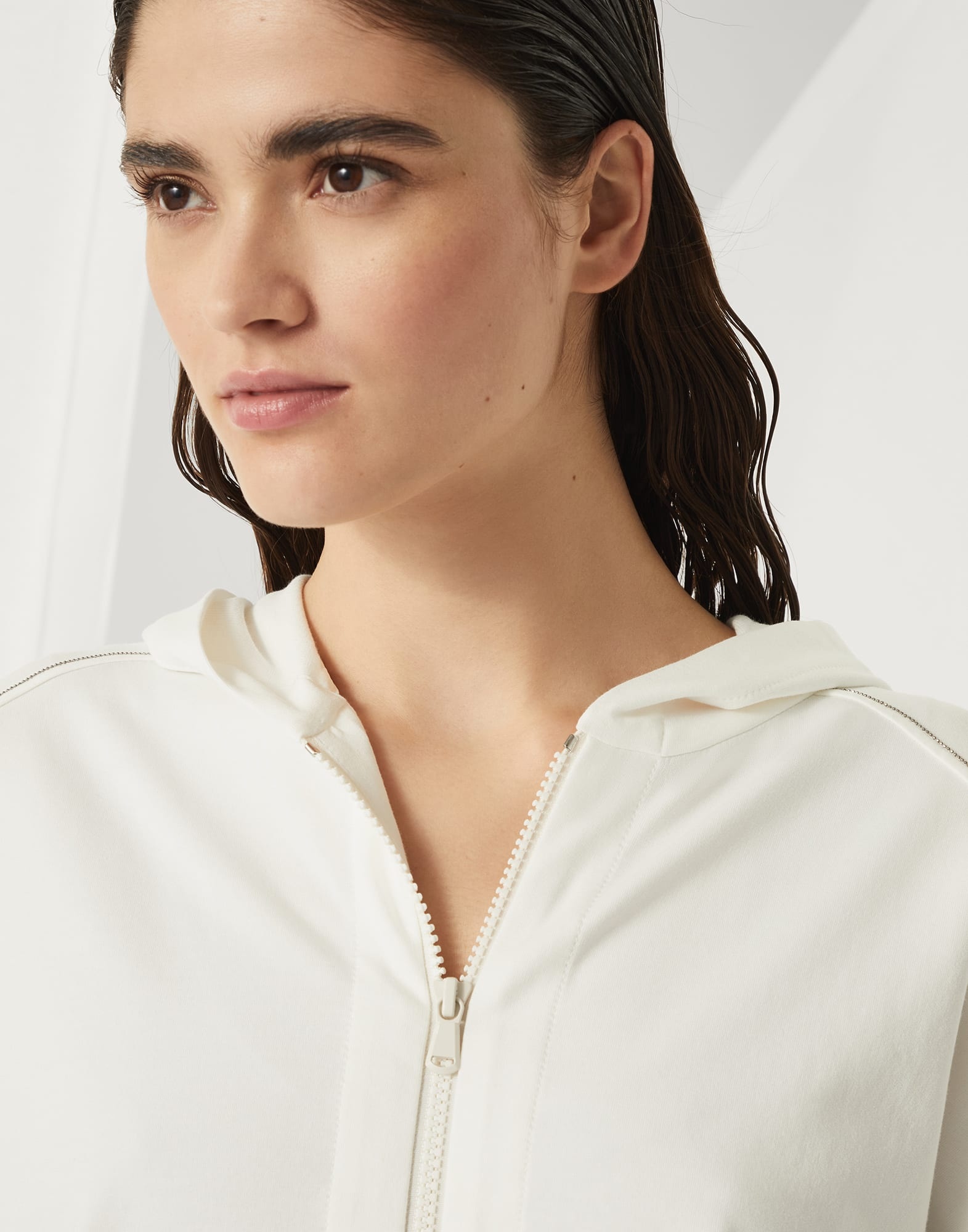 Stretch cotton lightweight French terry hooded sweatshirt with zipper and shiny trims - 3