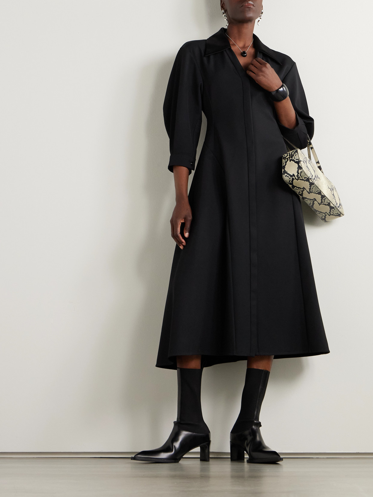 Asymmetric Satin-trimmed Wool-twill Midi Shirt Dress - 2