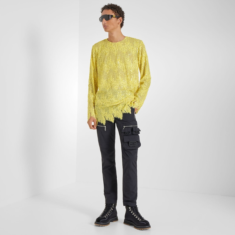 FENDI Straight-cut, crewneck T-shirt with long sleeves with asymmetric edges. Embroidered all over with ye outlook