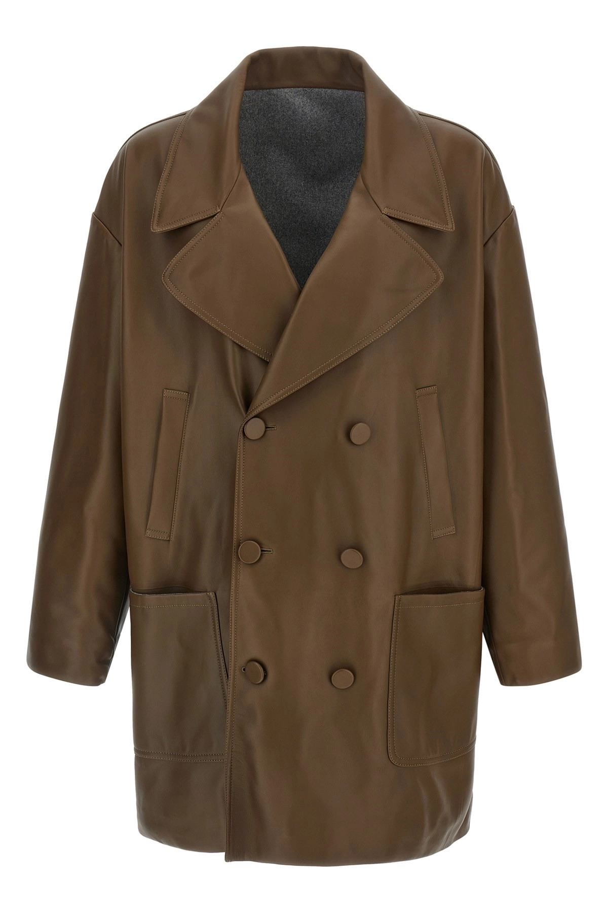 Double-breasted leather coat - 1