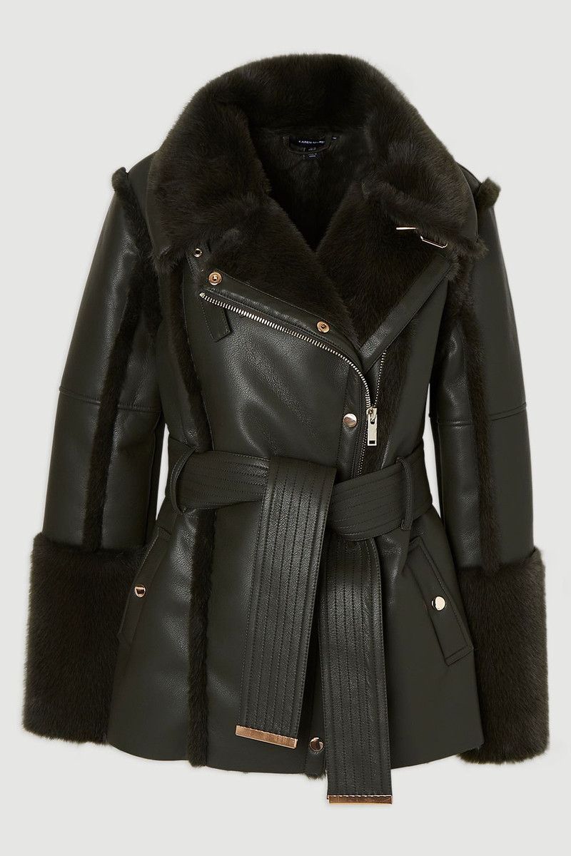 Faux Fur High Neck Belted Biker Coat 4
