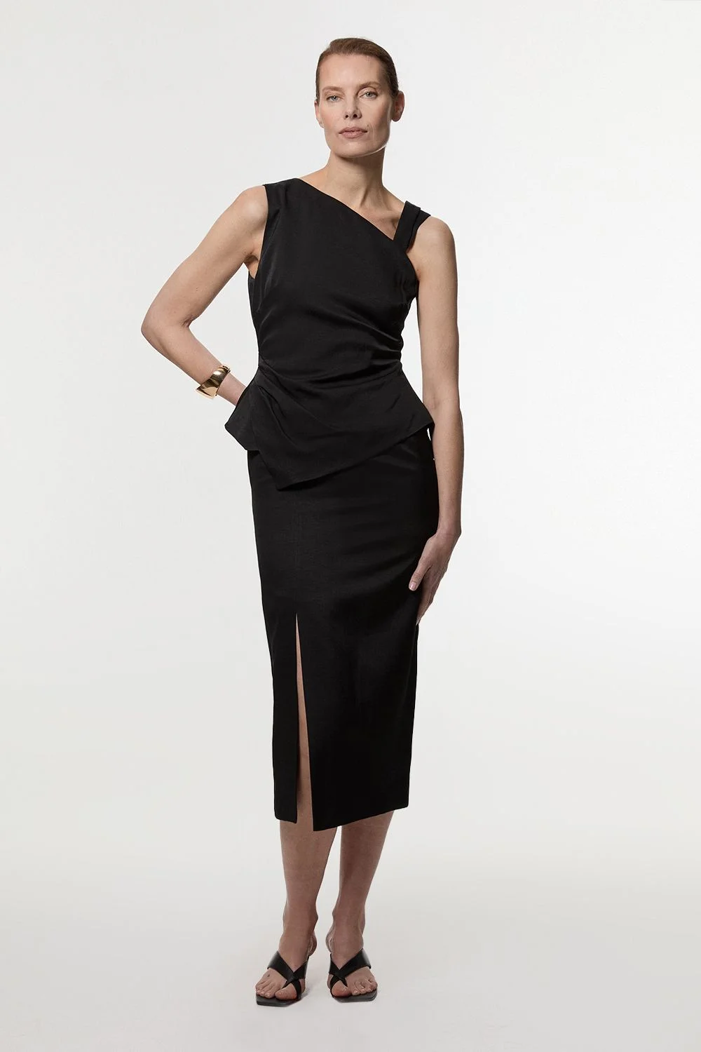 Premium Viscose Linen Asymmetric Neck Tailored Pencil Maxi Dress - 1
