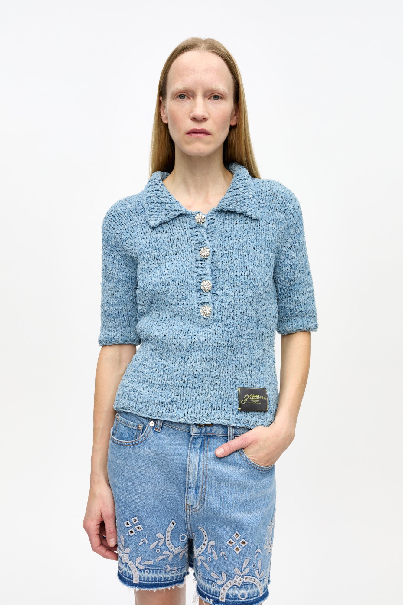 BLUE DENIM HANDKNIT POLO - 2