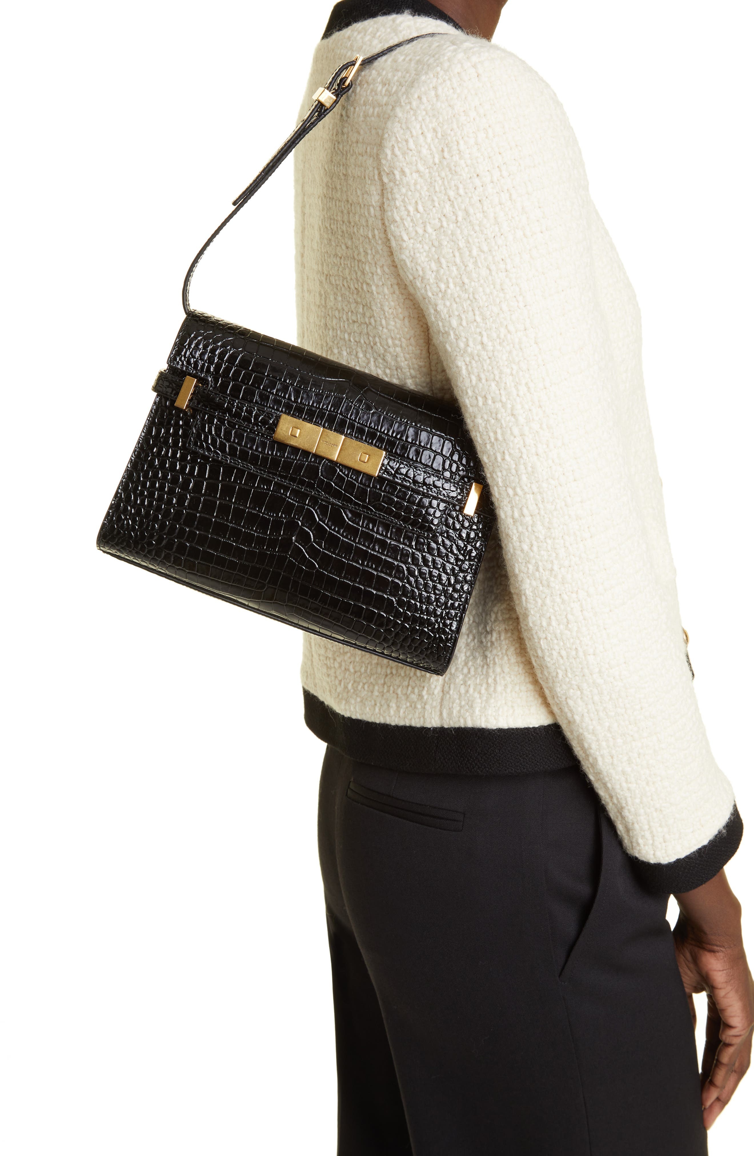 Saint Laurent Small Manhattan Croc Embossed Shoulder Bag in Noir at Nordstrom - 3