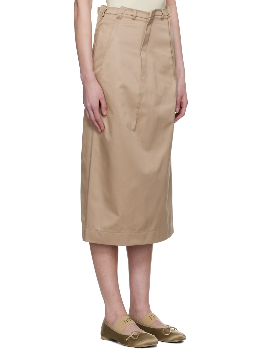 Beige Light Cotton Twill Darting Midi Skirt - 2
