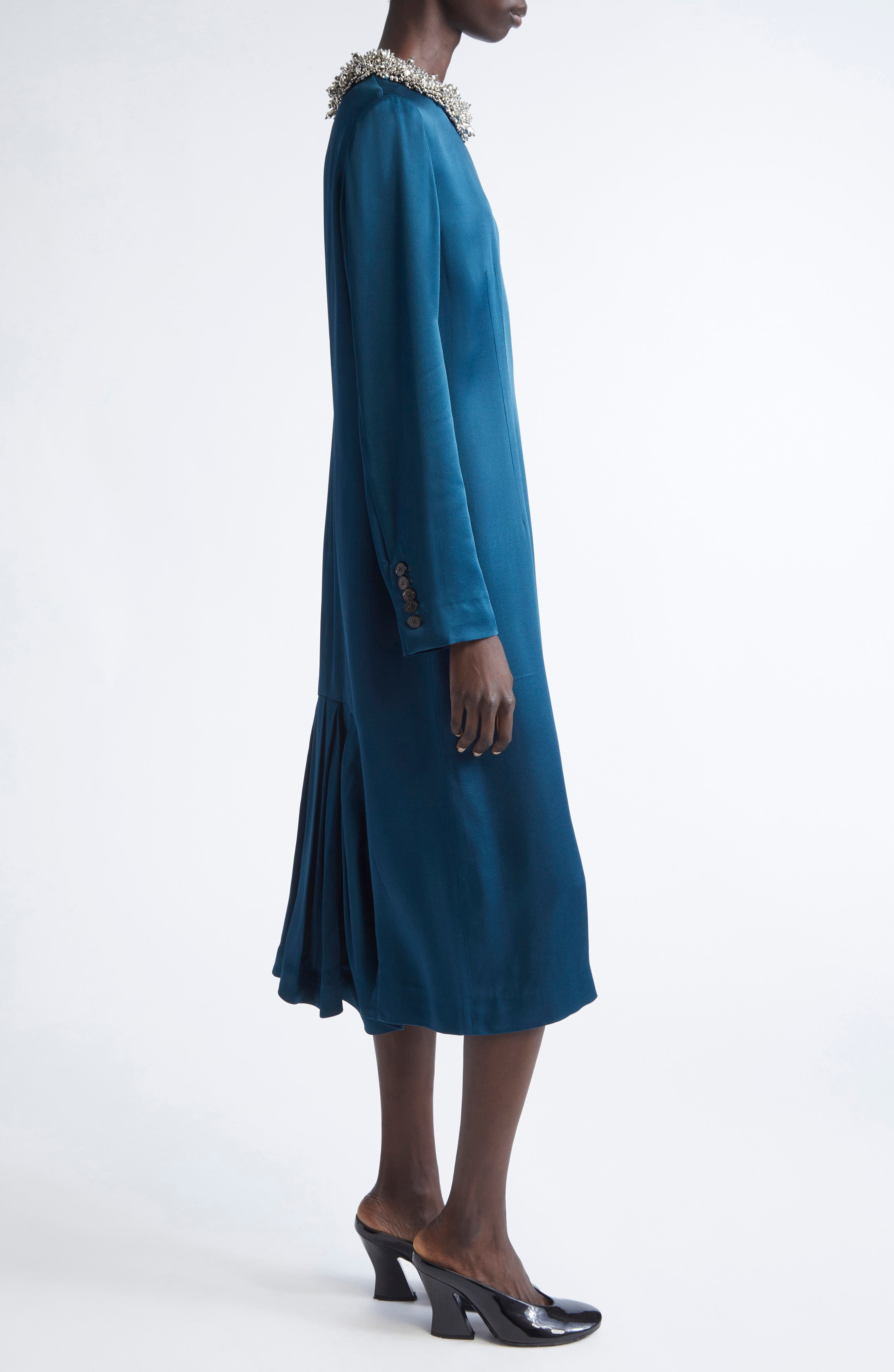 Dries Van Noten Danora Embellished Long Sleeve Satin Dress in Petrol at Nordstrom - 3