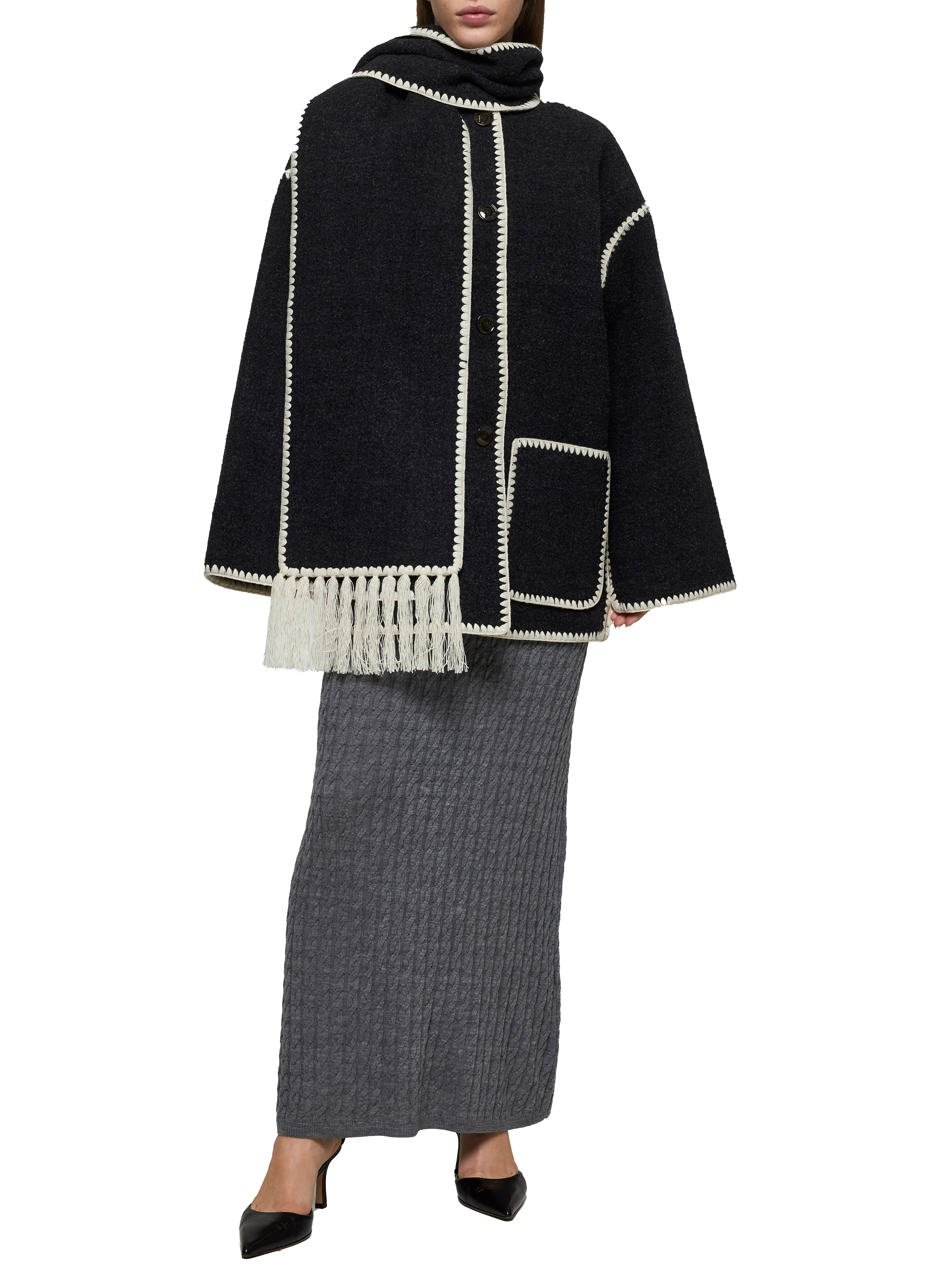 Toteme Women Grey Felt Embroidered Scarf Jacket - 2
