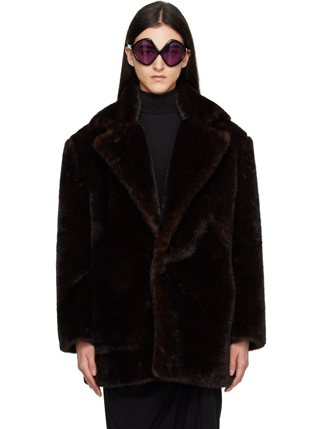 Brown Notched Lapel Faux-Fur Coat - 1