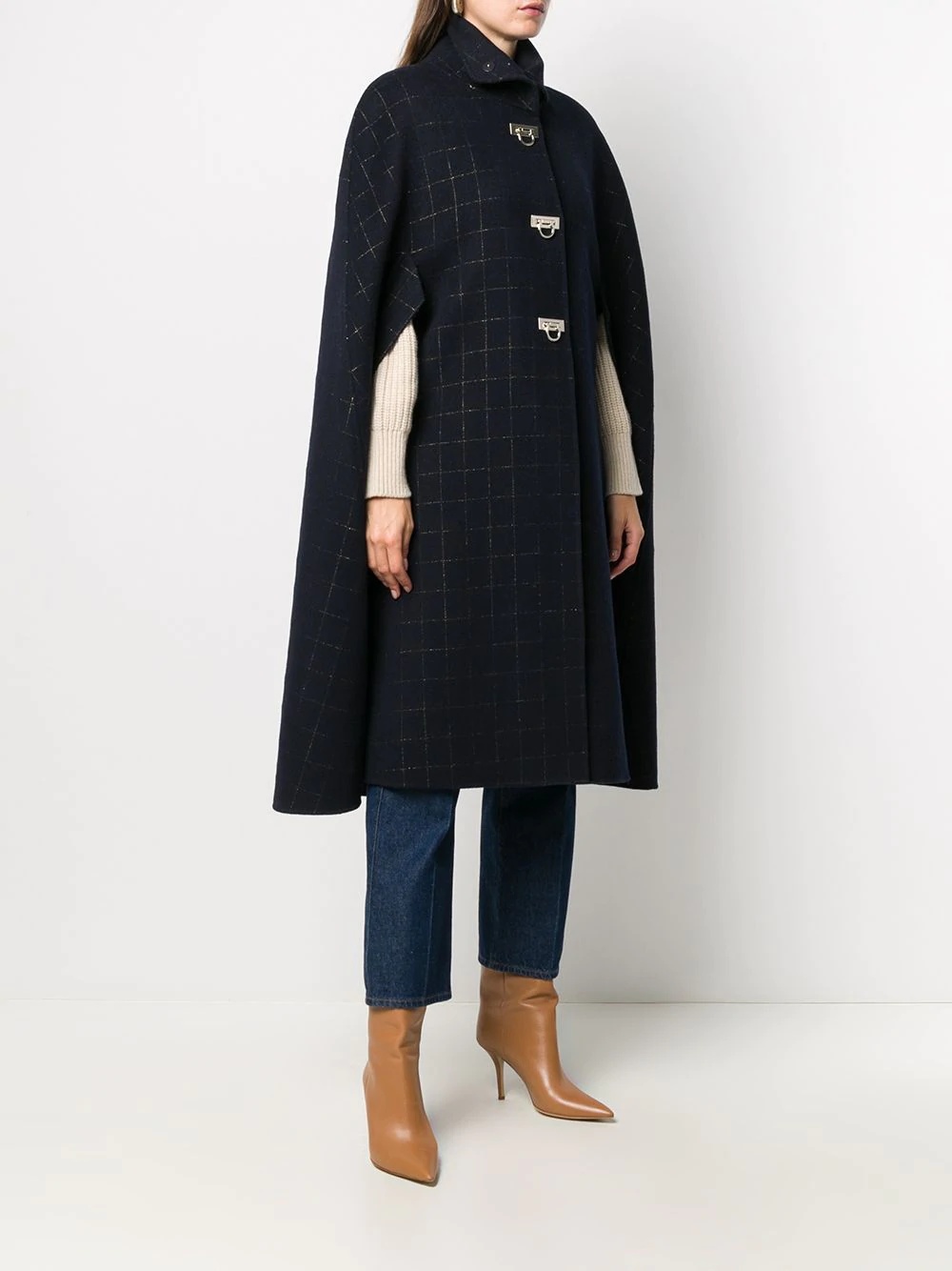 check-pattern cape coat - 3