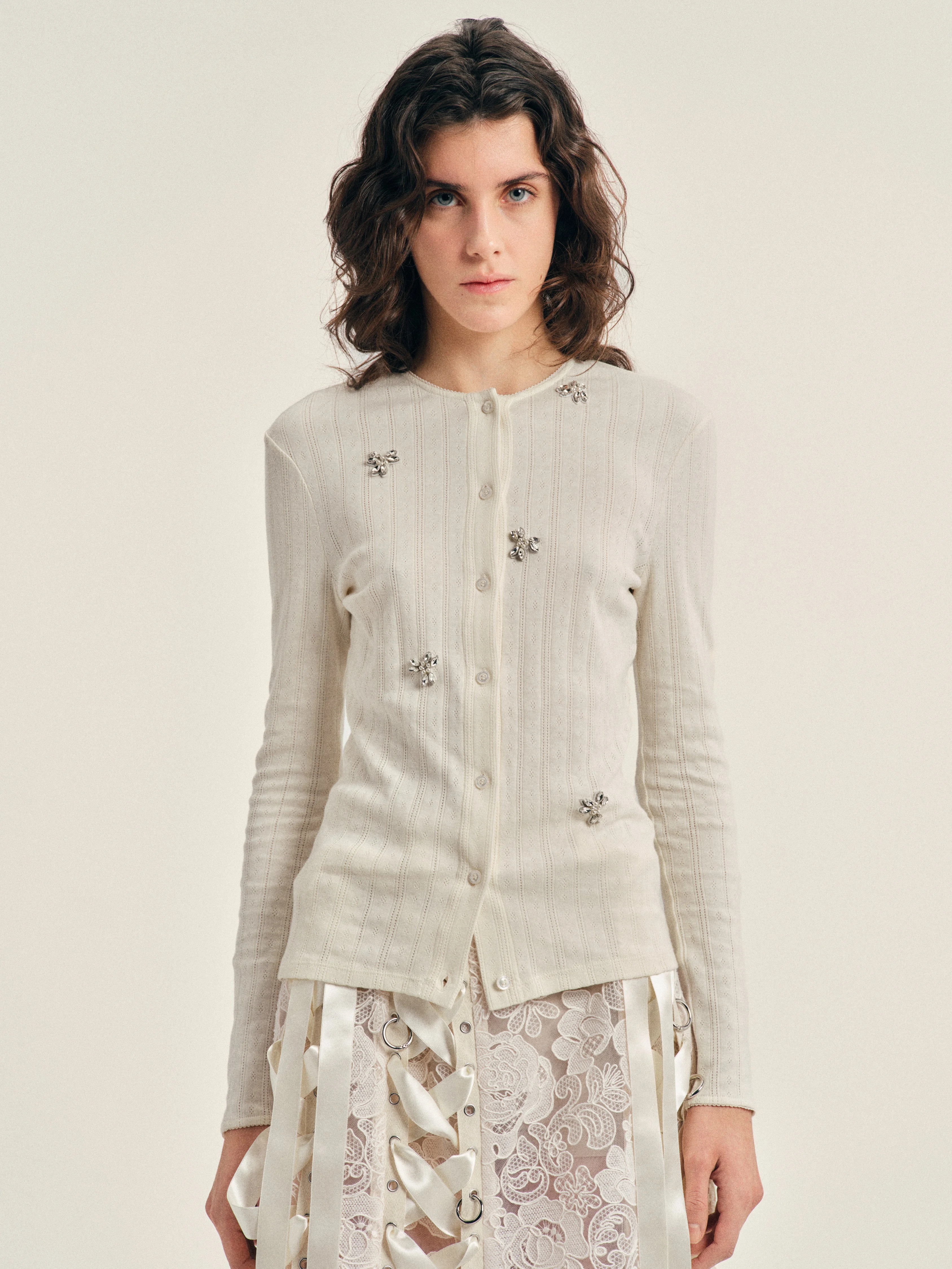 Turbo Embellished Pointelle Cardigan - 1