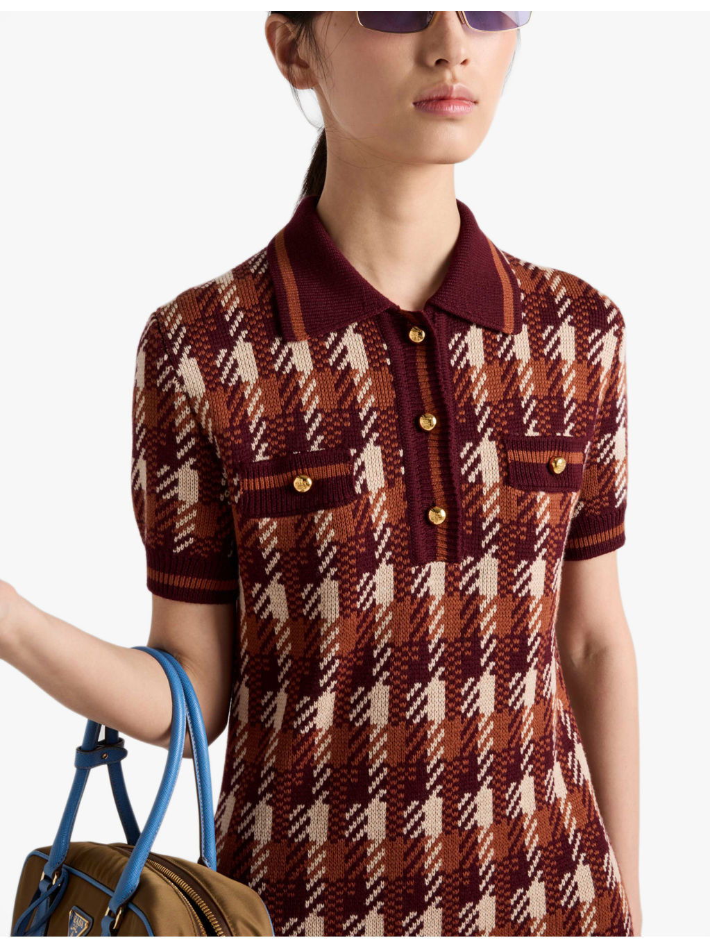 Houndstooth short-sleeve wool-knit mini dress - 5