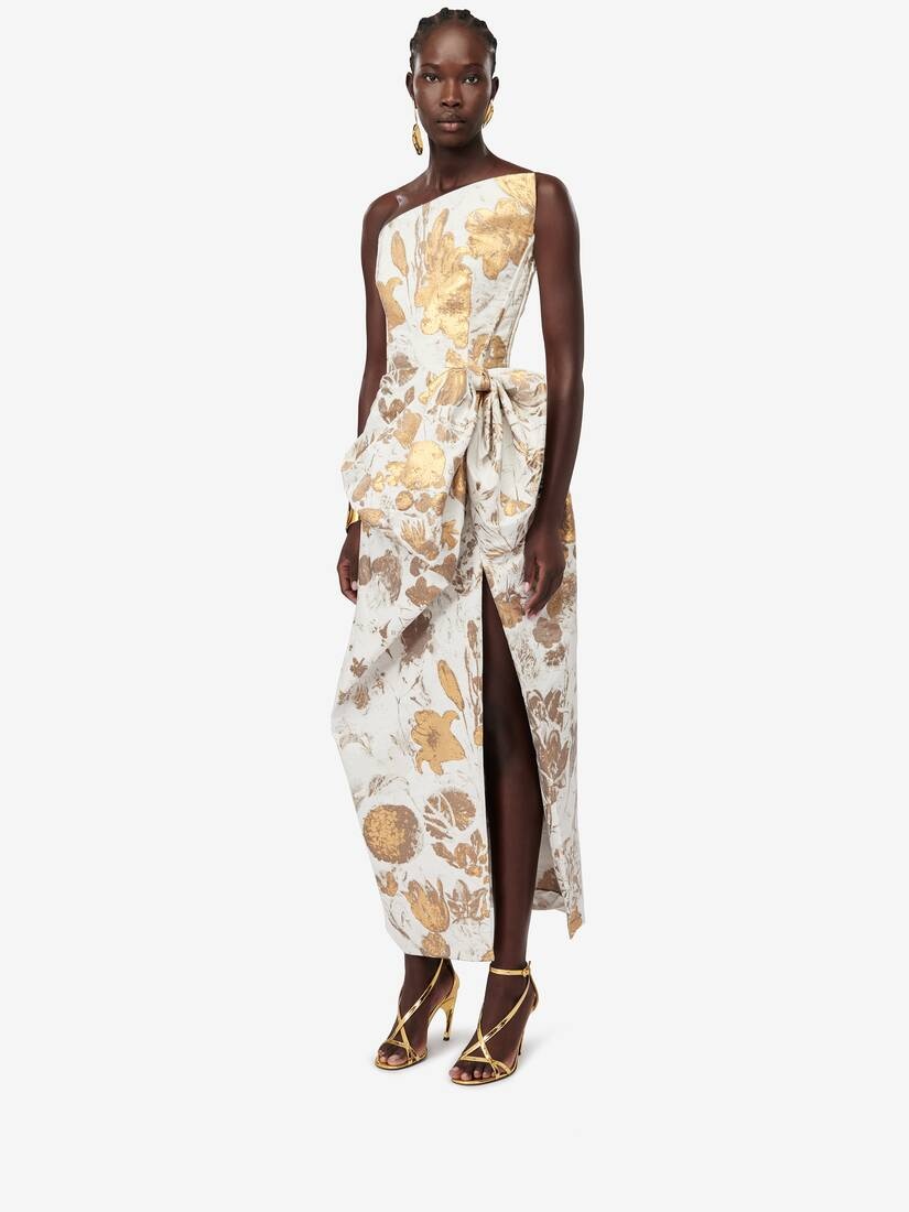 Women's Asymmetric Bustier Dress in Gold - 5