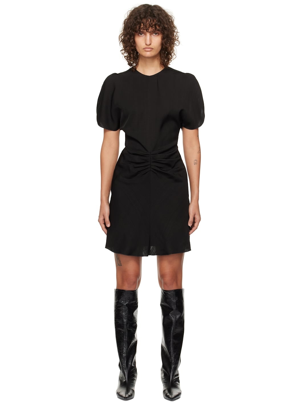 Black Gathered Waist Minidress - 1