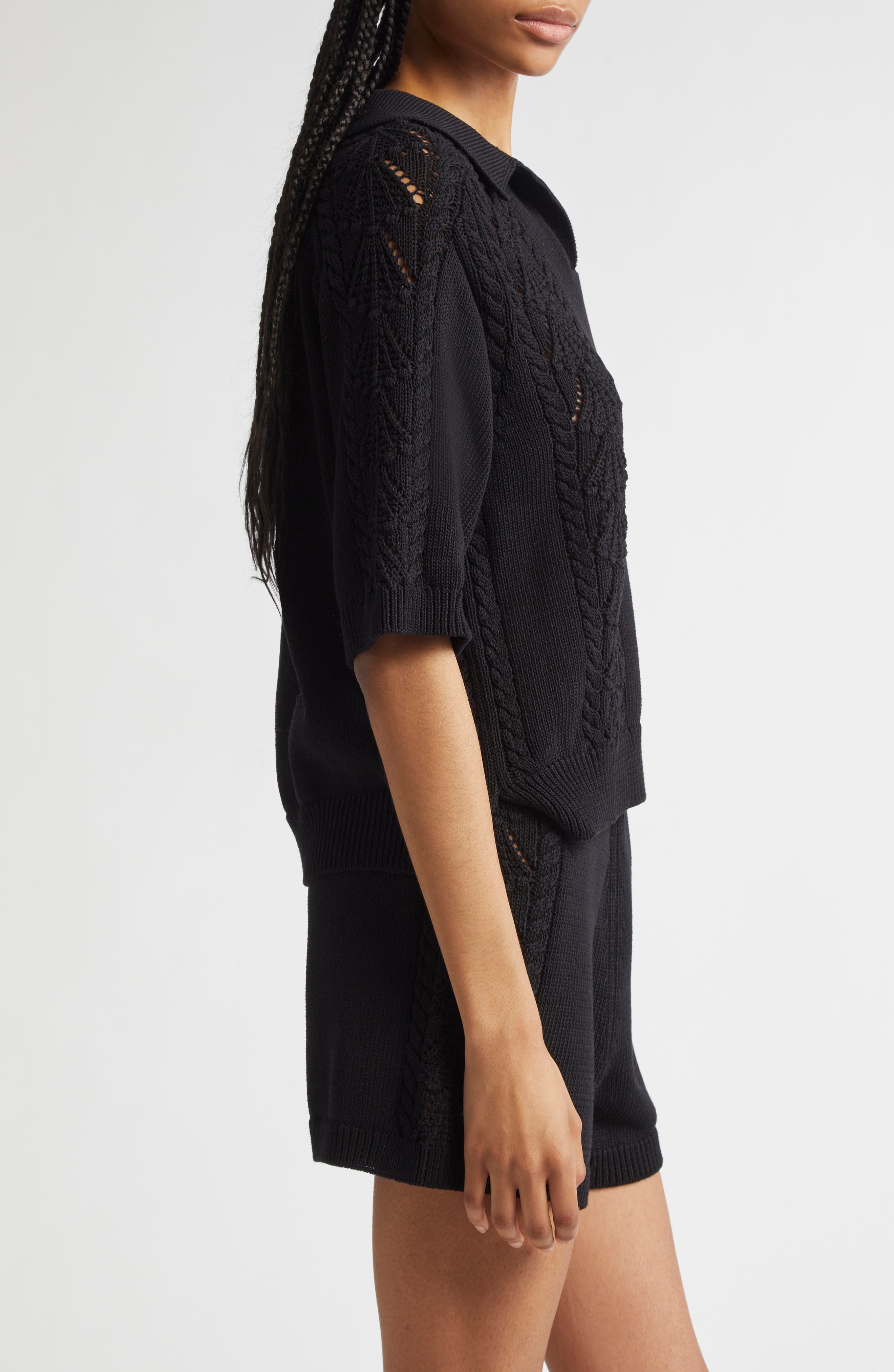 LOULOU DE SAISON Kina Johnny Collar Cotton Sweater in Black at Nordstrom - 4