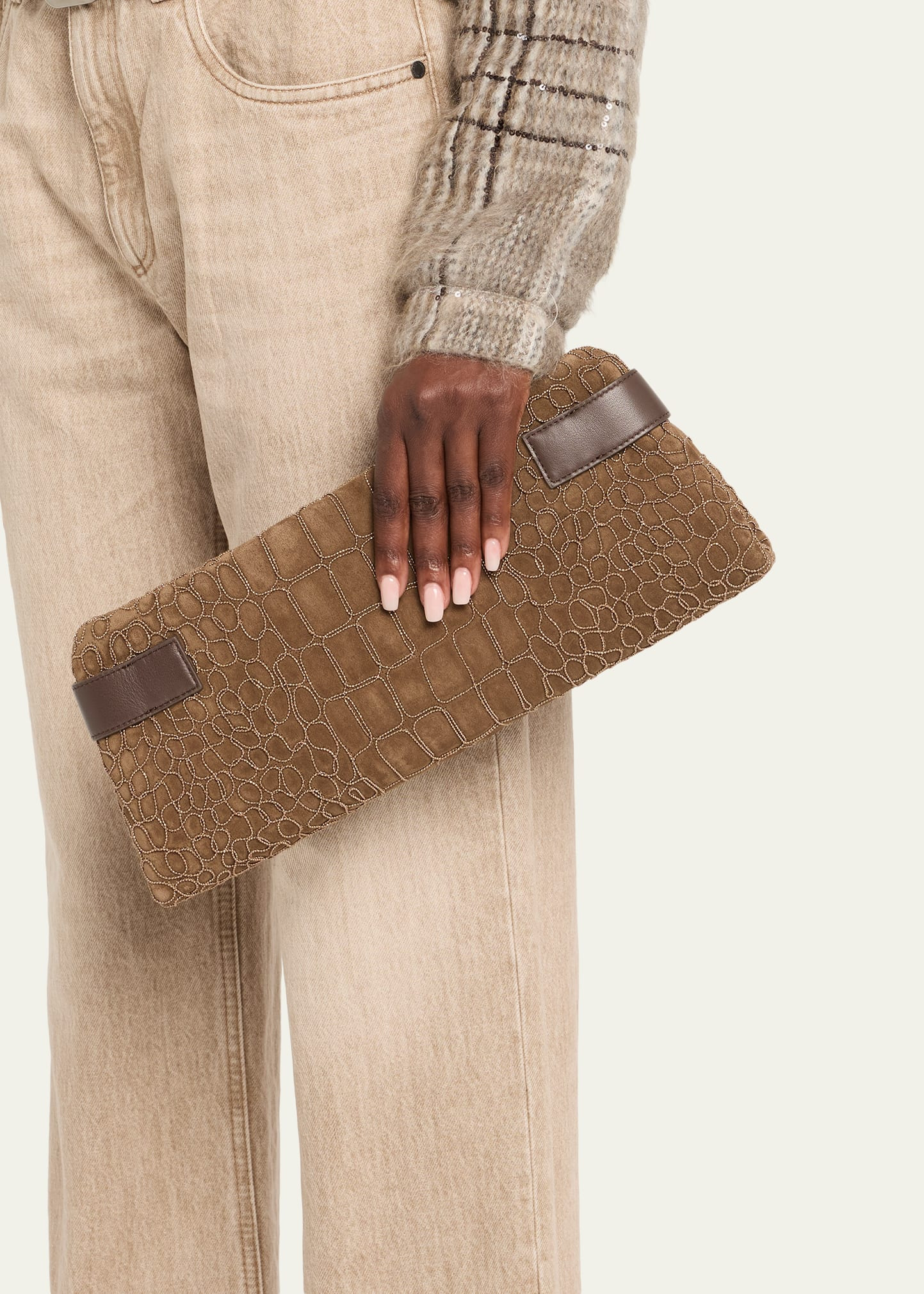 Essense Bead-Embroidered Suede Clutch Bag - 2