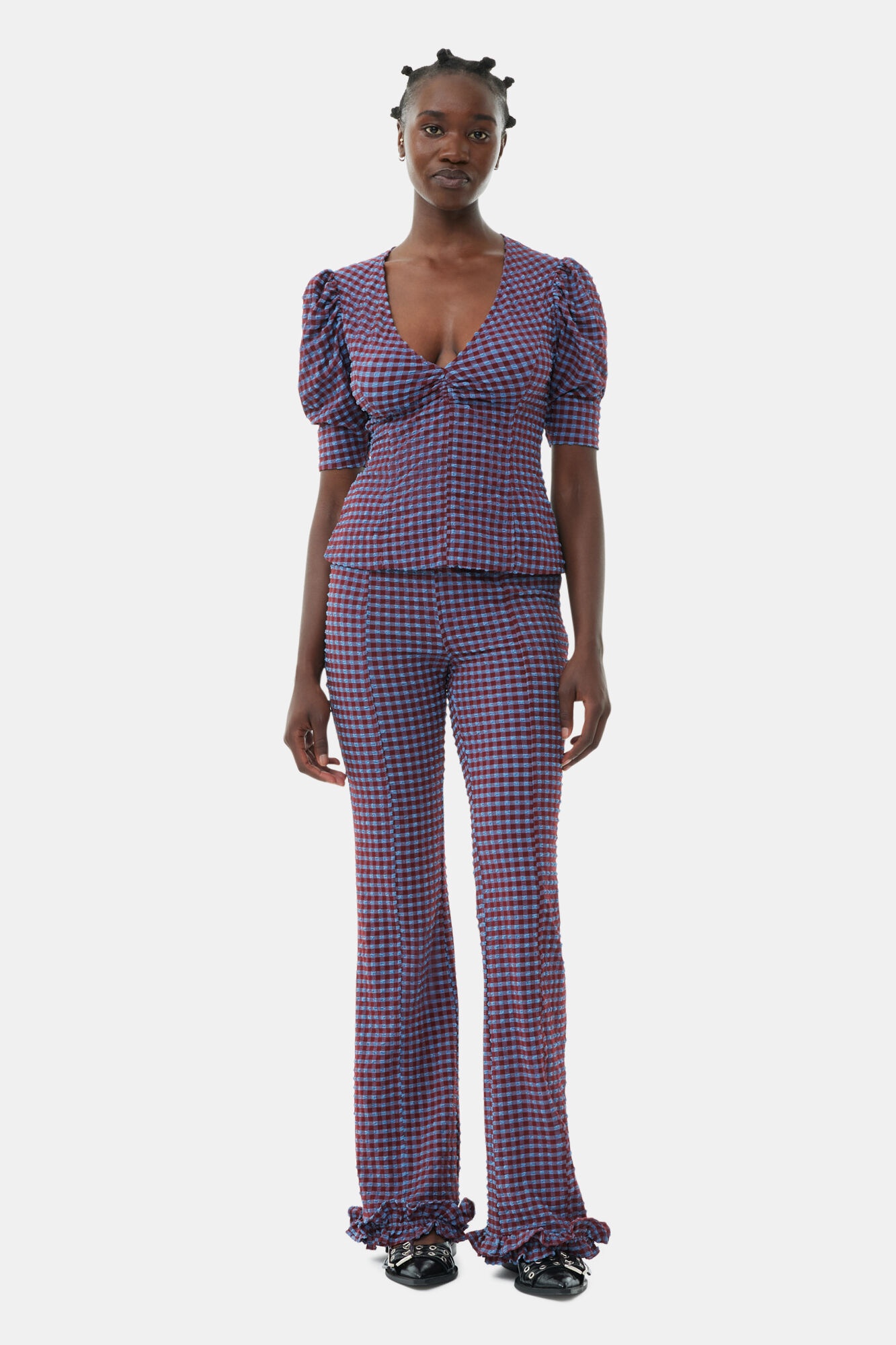 CHECKERED STRETCH SEERSUCKER FRILL PANTS - 2