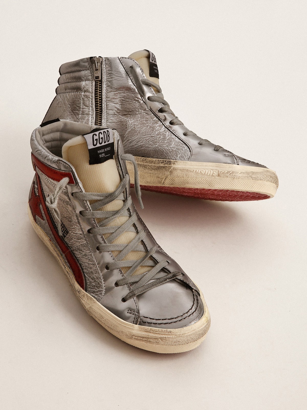 Women’s Slide with silver metallic leather upper and red metallic leather flash - 2