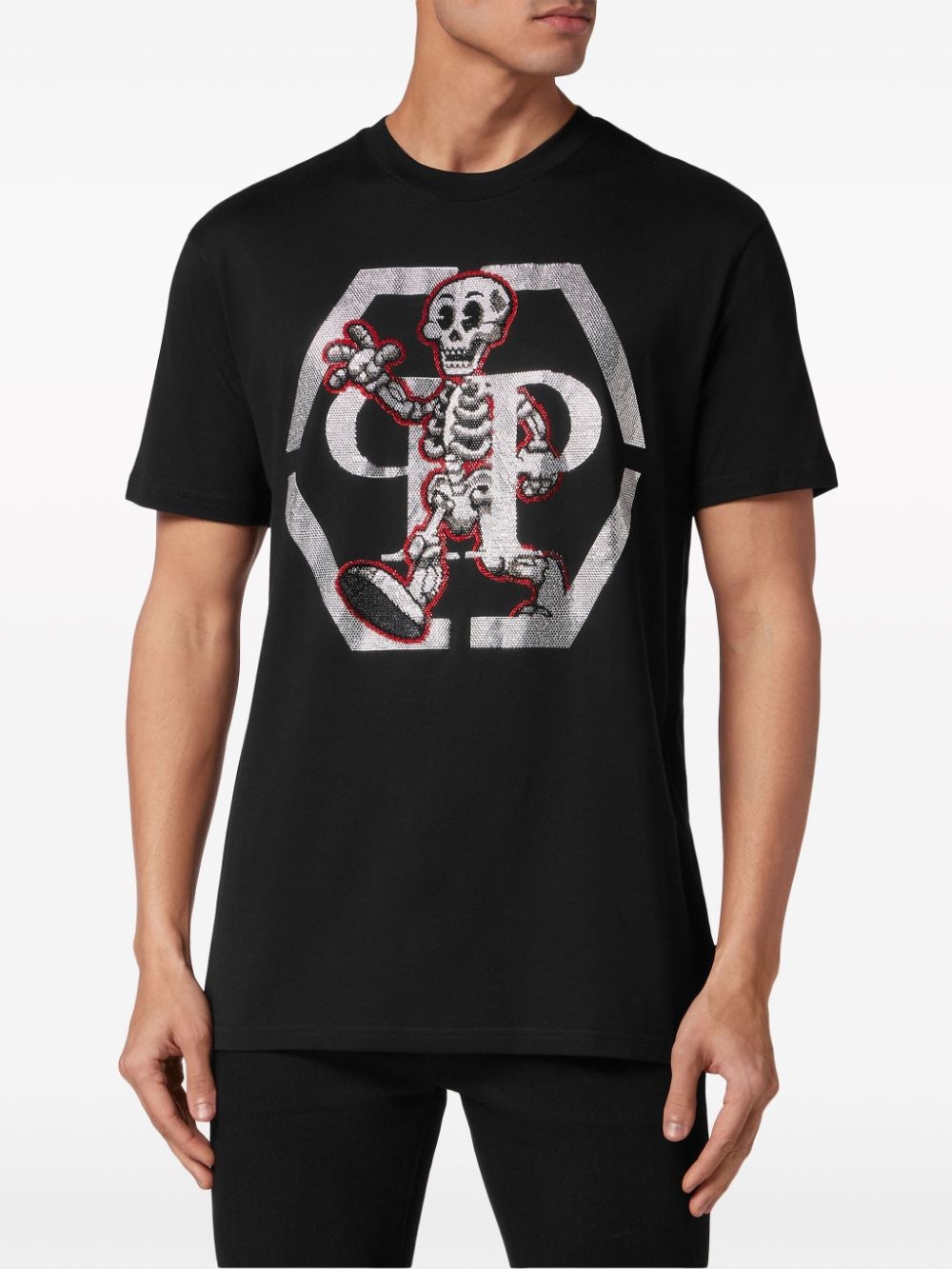 rhinestone-skeleton cotton T-shirt - 3