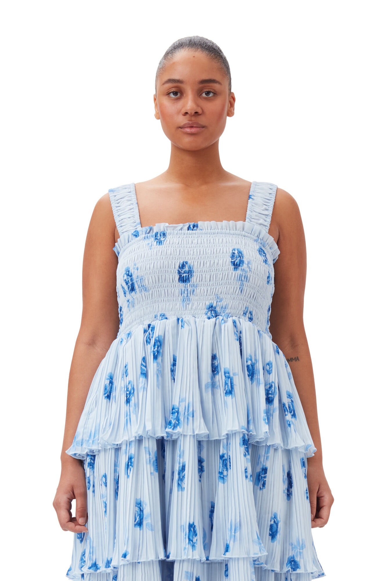 BLUE PLEATED GEORGETTE FLOUNCE SMOCK DRESS - 7