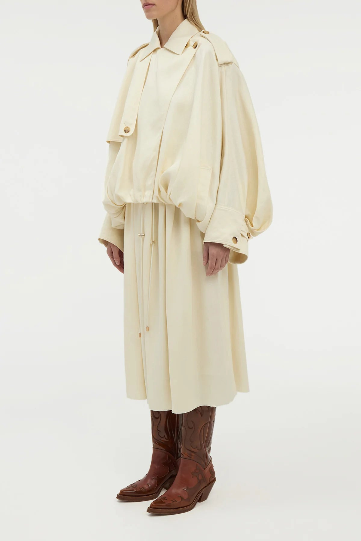 Chiara Pleated Midi Skirt in Ivory Textured Linen - 3