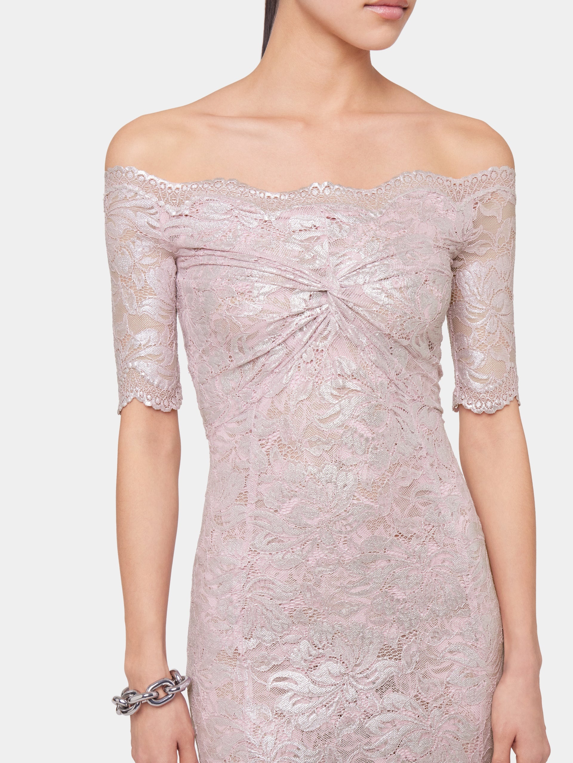PINK LONG DRESS IN LACE WITH SILVER INDUCTION - 6