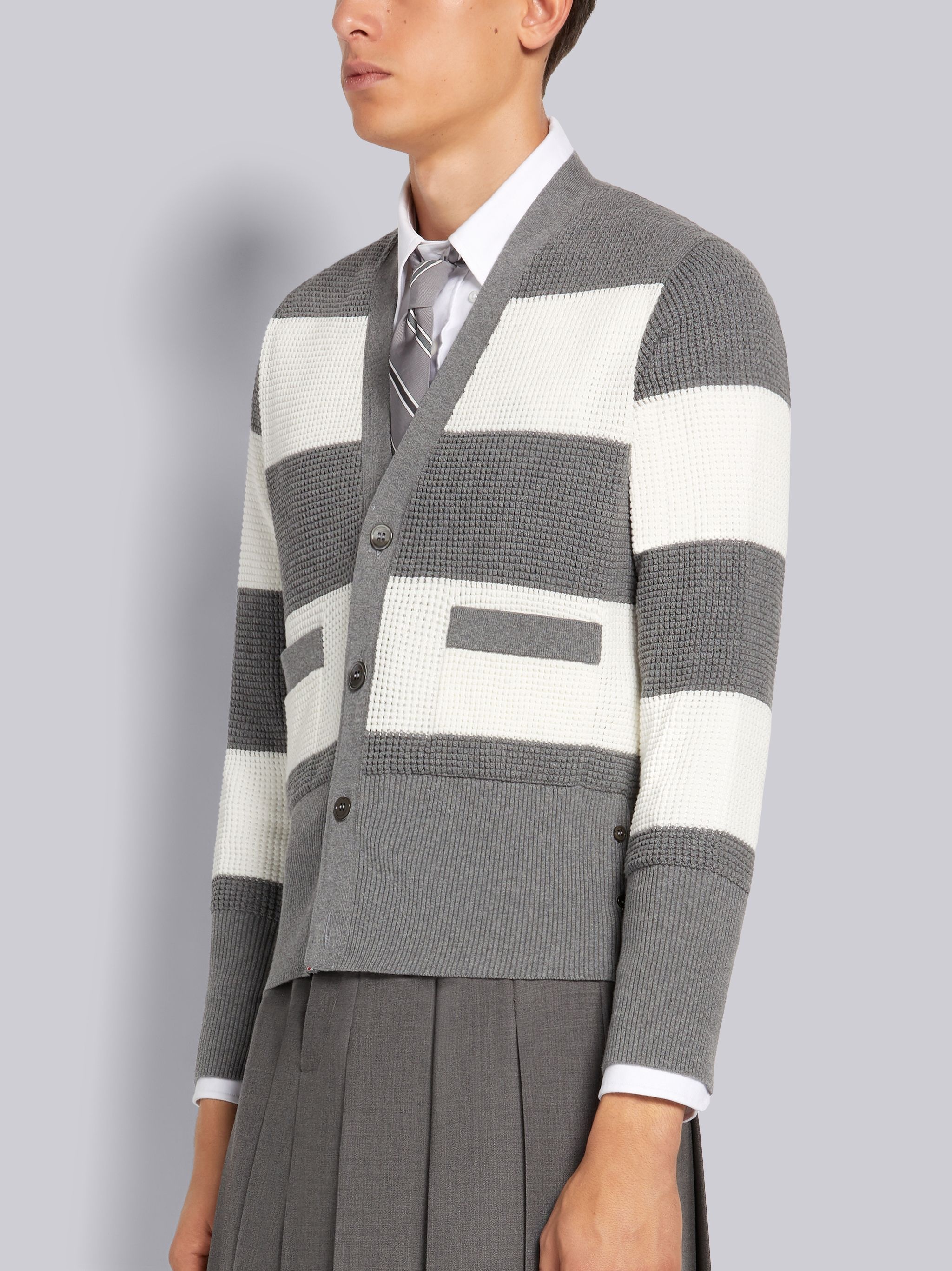 Light Grey Cotton Textured Rugby Stripe Classic Fit Cardigan - 2