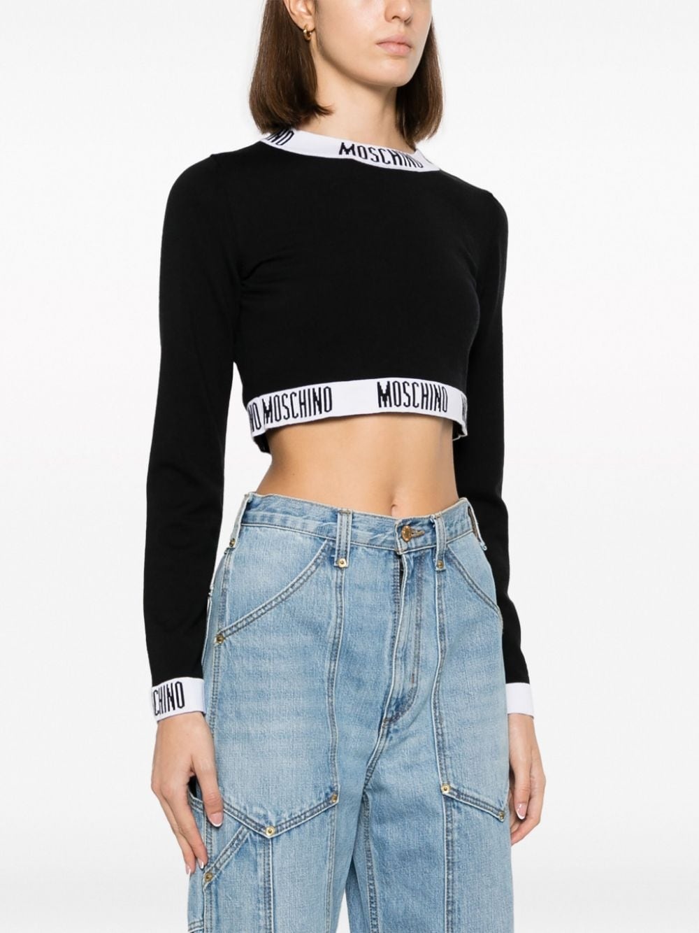 cropped logo-trim virgin wool jumper - 3