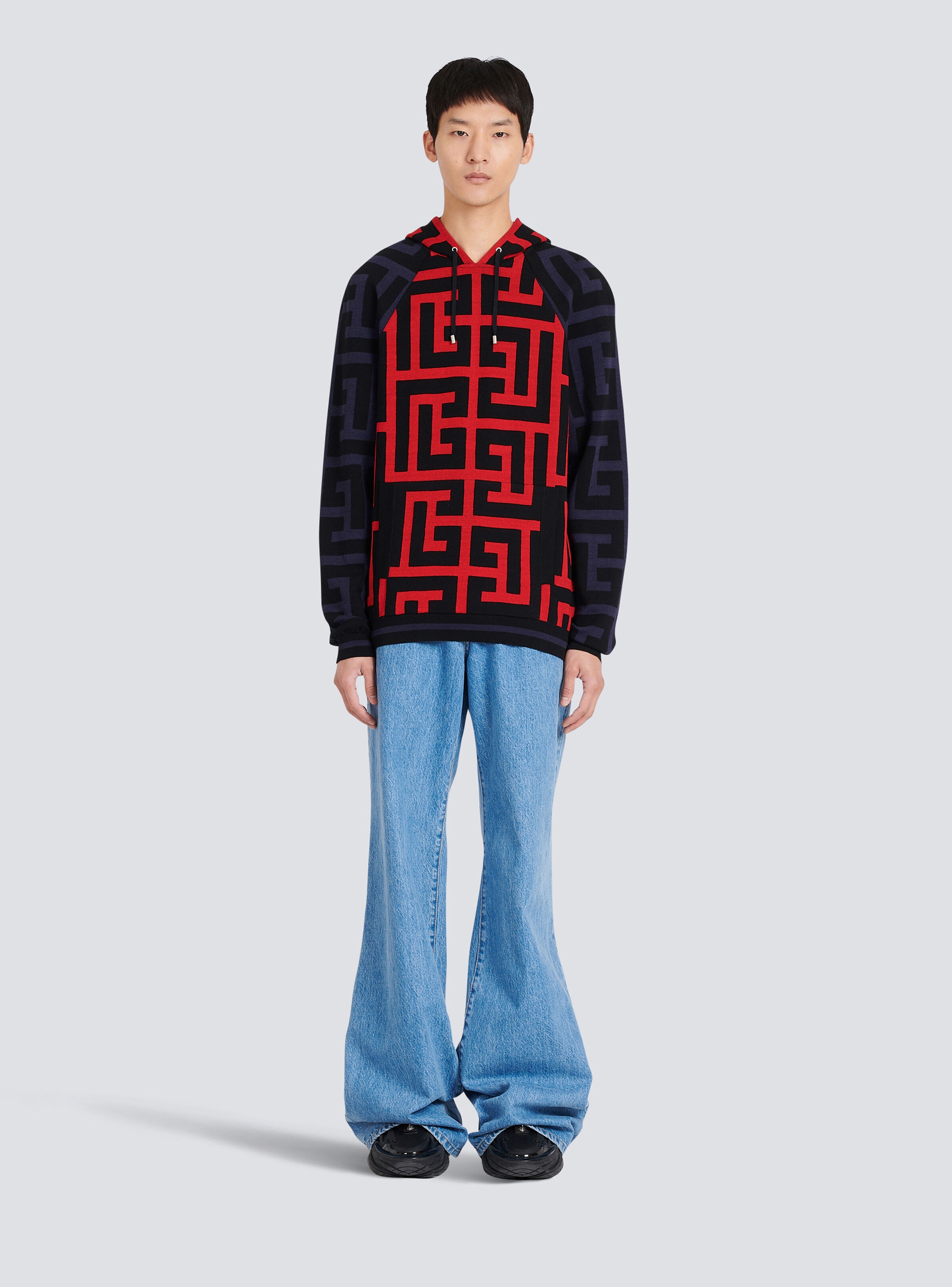 Hooded wool sweatshirt with maxi Balmain monogram print - 3