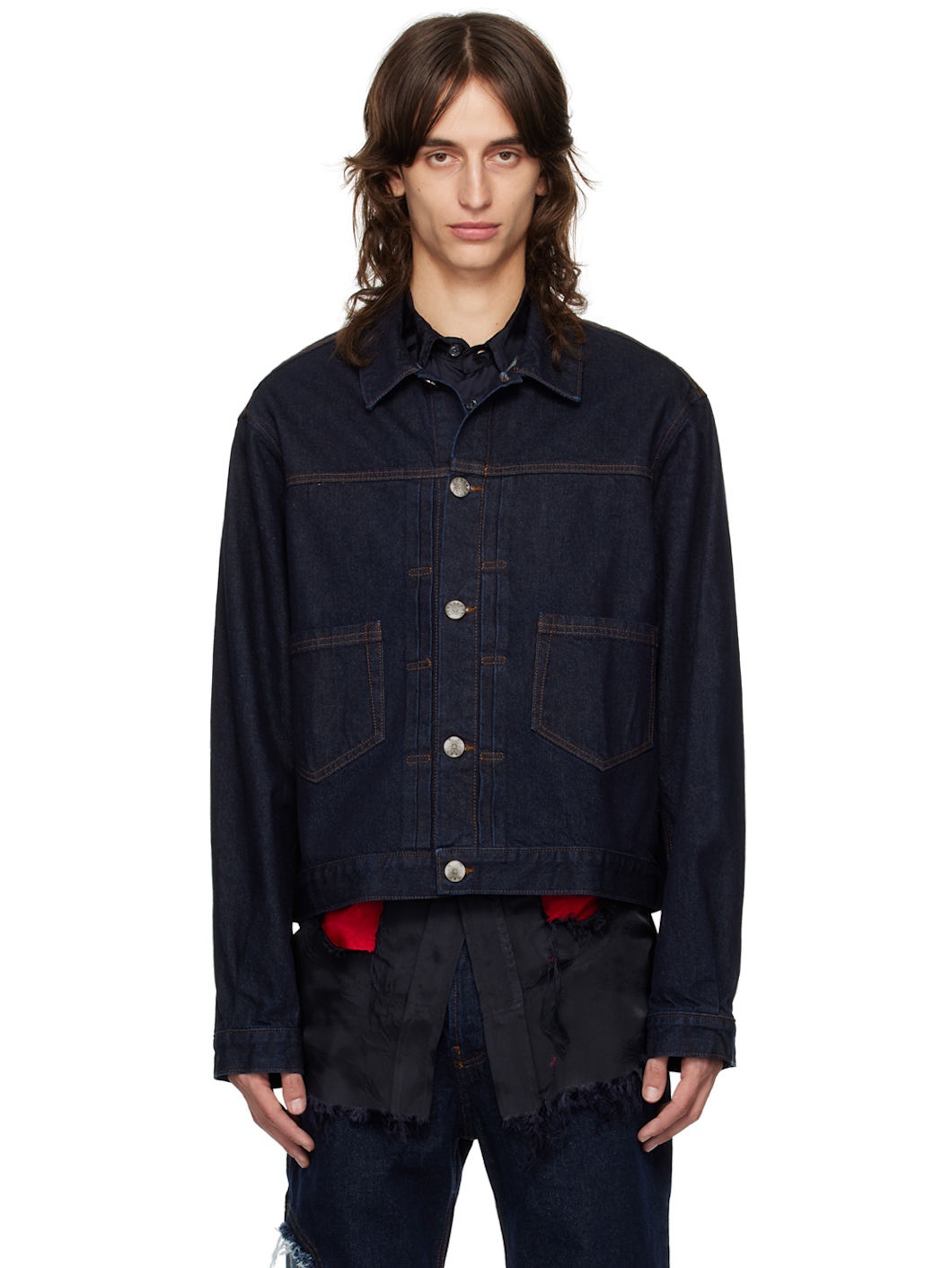 Navy Knife Pleat Denim Jacket - 1