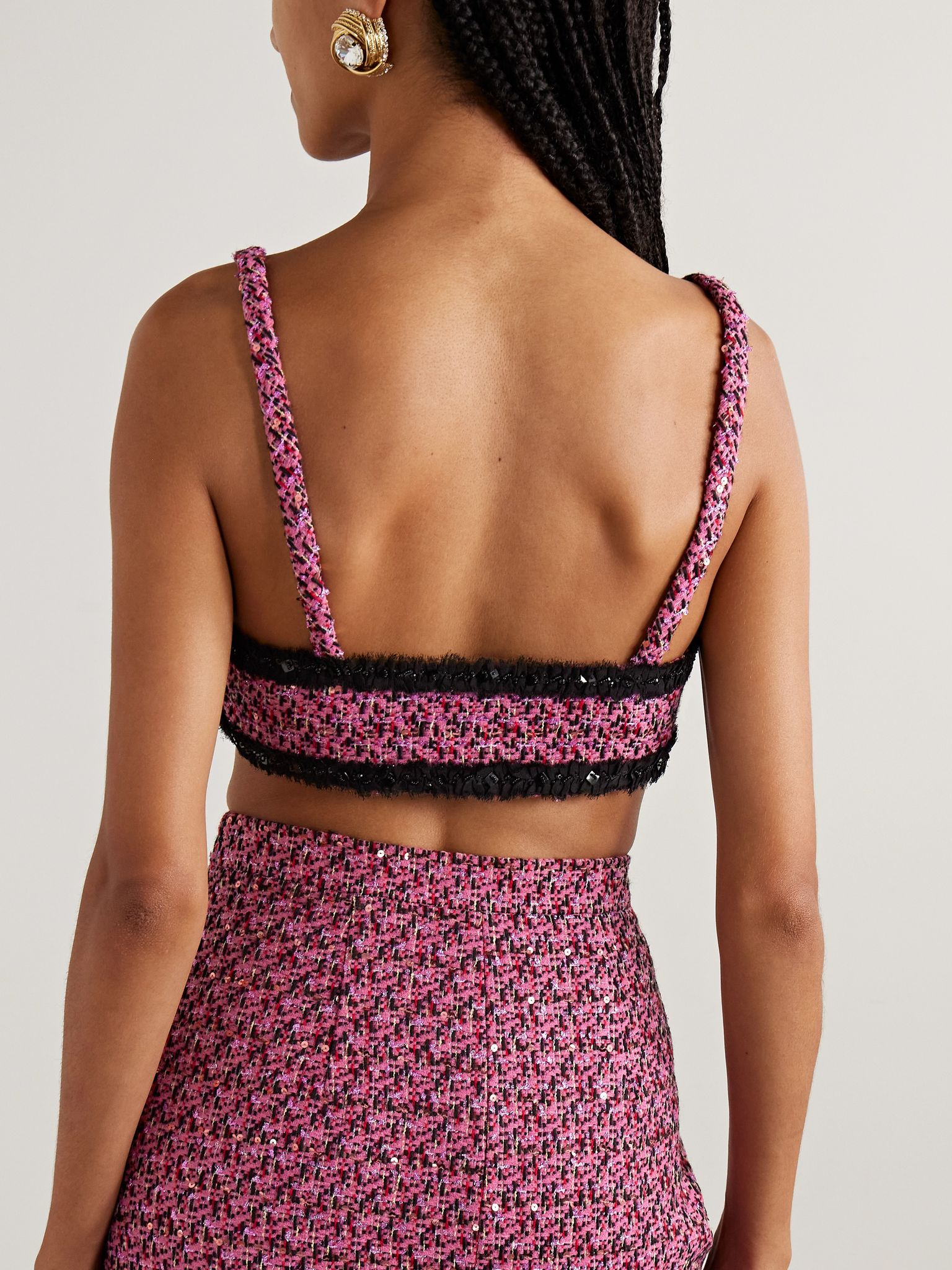 Embellished frayed chiffon-trimmed metallic tweed bralette Pink - 3