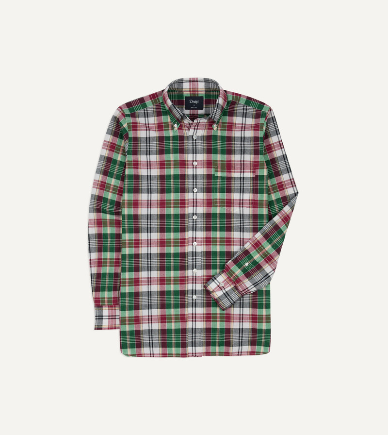 Green and Burgundy Madras Check Cotton Button-Down Shirt - 1