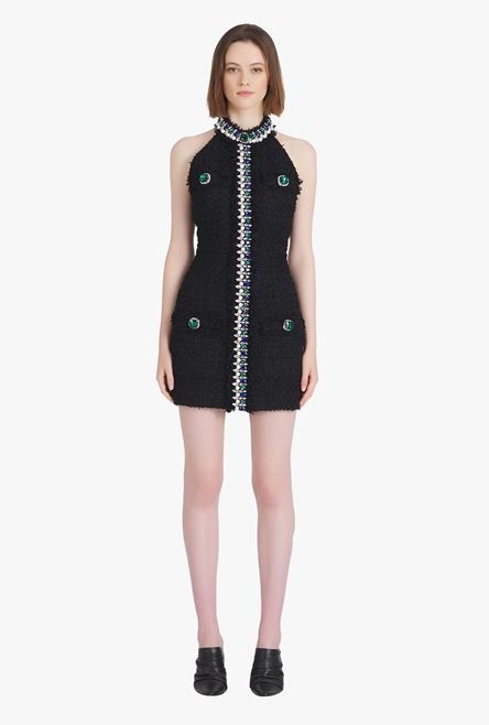 Short black tweed dress with multicolor jewel embroidery - 4