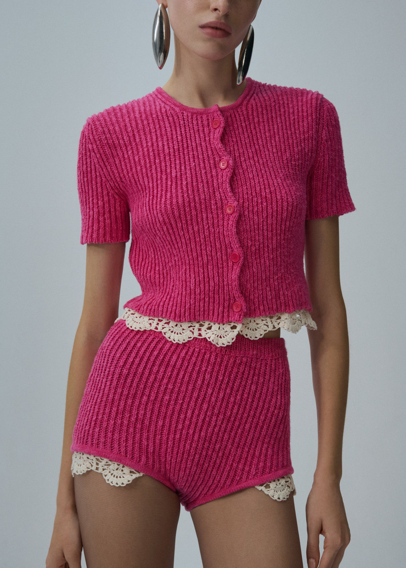 MAGDA BUTRYM Lace detail short sleeve cardigan in pink outlook