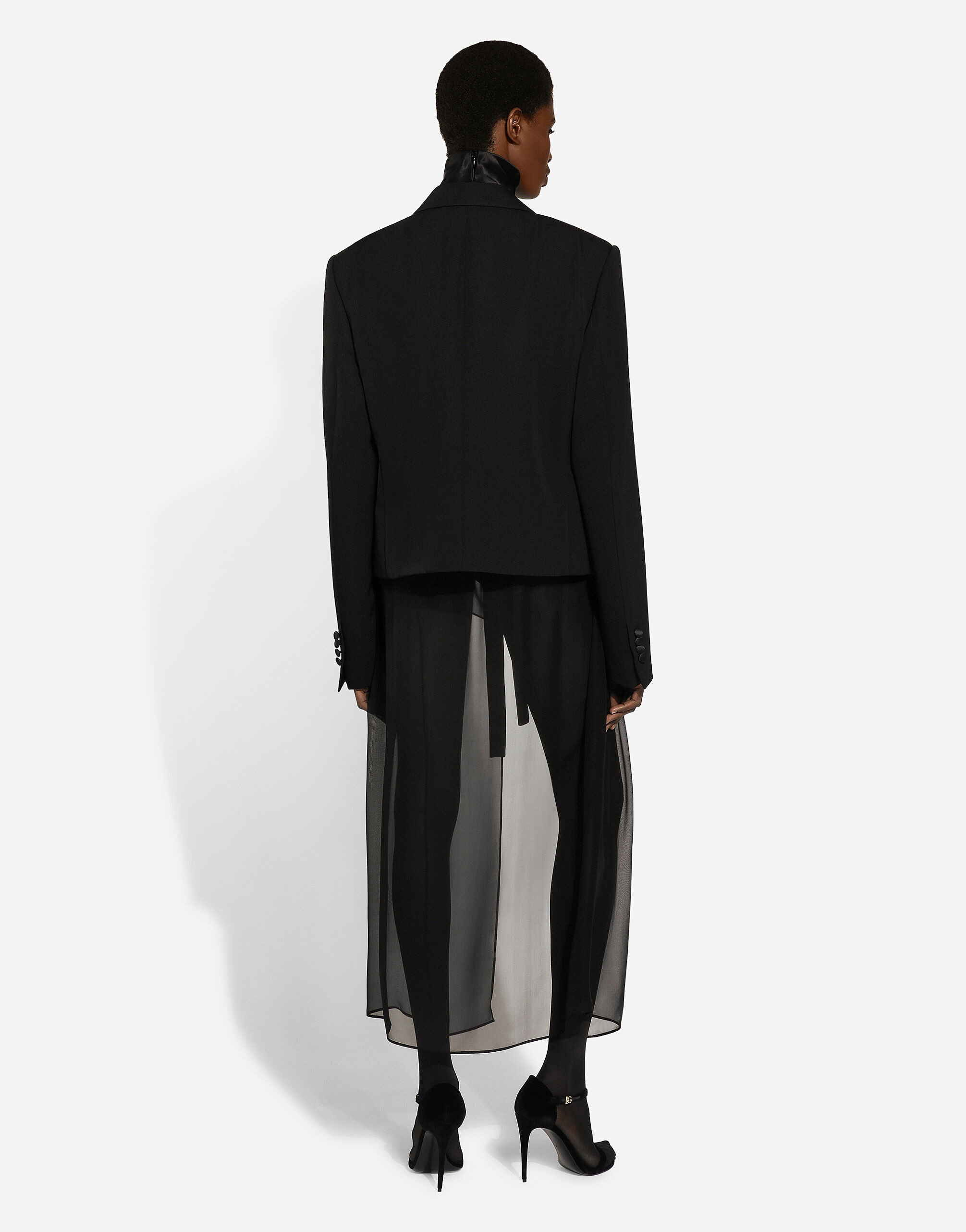 Short double-breasted wool gabardine tuxedo jacket - 4