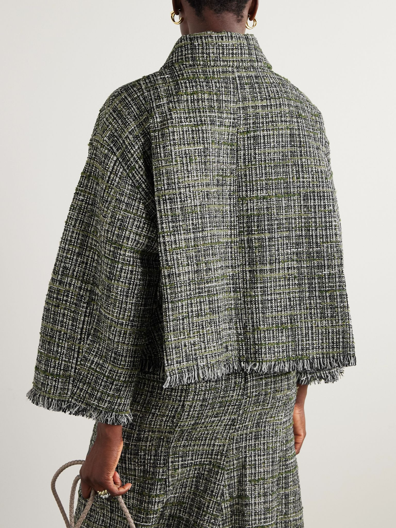 Cropped appliquéd frayed tweed jacket Gray green - 3