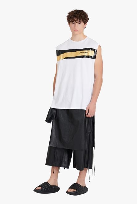 White eco-designed cotton T-shirt with black and gold Balmain logo print - 2